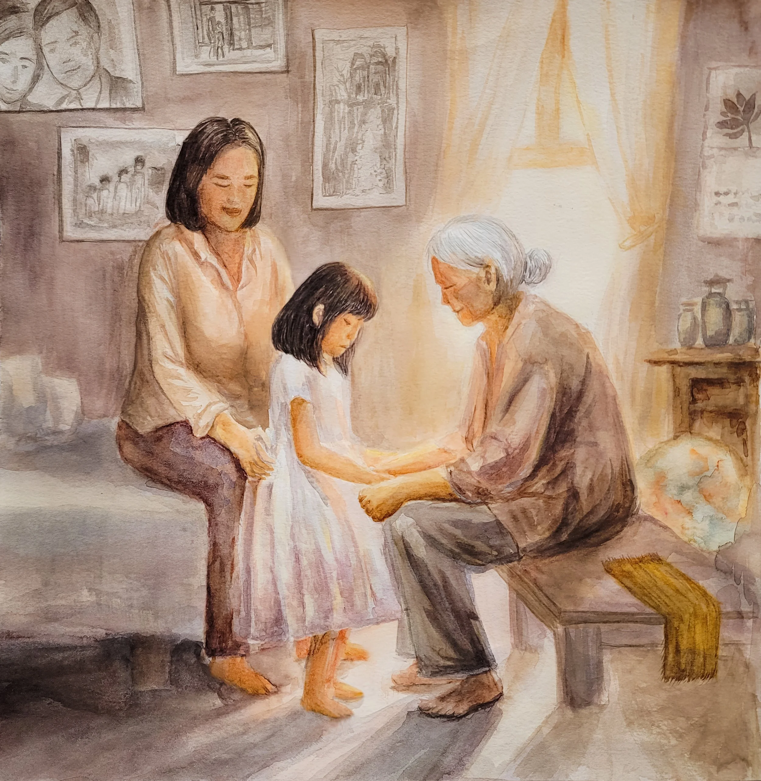  "Family Stories" - Helen Hoang  This watercolor painting depicts the telling of family stories across three generations, conveying the warm, heartfelt emotions that arise in these moments. There is visible connection and bond between these people as