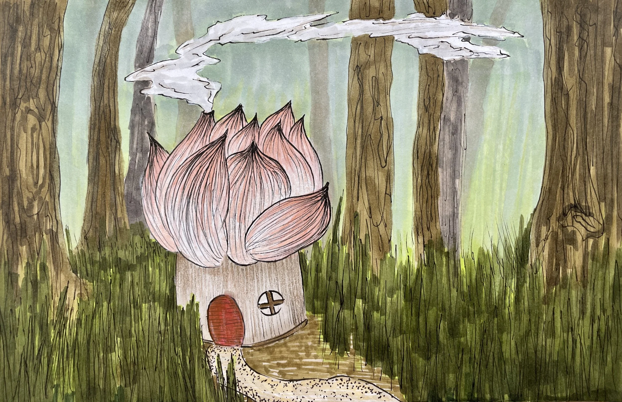  "Little House in the Woods" - Helen Hoang  Once upon a time, somewhere in the middle of the woods lies a little house, made of a lotus flower, a symbol of peace and tranquility. Smoke comes out of the petal chimney. The house seems warm and cozy. Bu