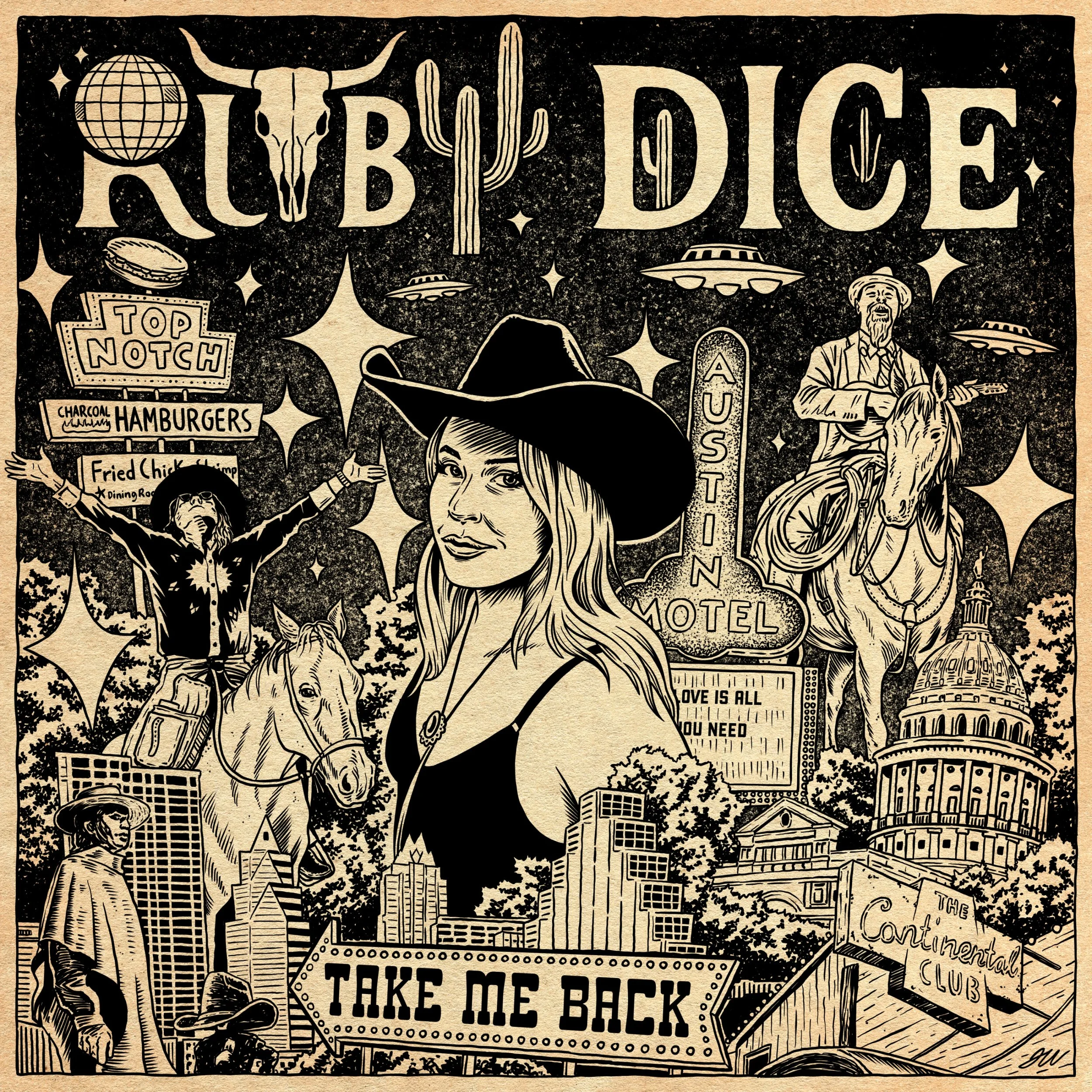 Illustrated cover of Ruby Dice’s Take Me Back album, with Austin landmarks and music imagery arranged around the title