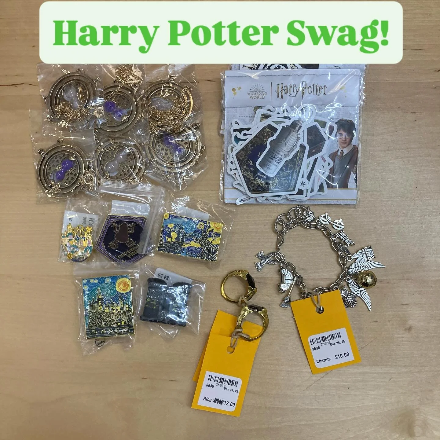 Such a fun batch of Harry Potter accessories!
Charm bracelet with 12 charms: $10
Horcrux rings (2): $12 each
Time Turner necklaces (6): $12 each
Enamel Pins (5): $4.50 each
Stickers! $3 each
And a Hagrid crystal art kit $8