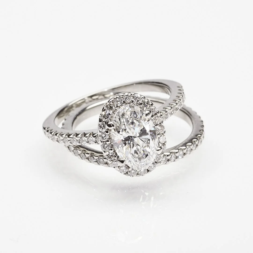 Available now in my office, this estate 14-karat white gold bridal set, the engagement ring mounted with a natural oval diamond weighing 1.42 carats, E color, VVS2 clarity, as per GIA report. #diamondengagementring #estatejewelry