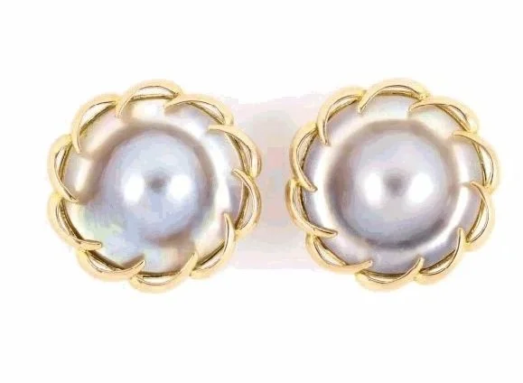 Large 14-karat yellow gold blister pearl earrings with scalloped borders.
