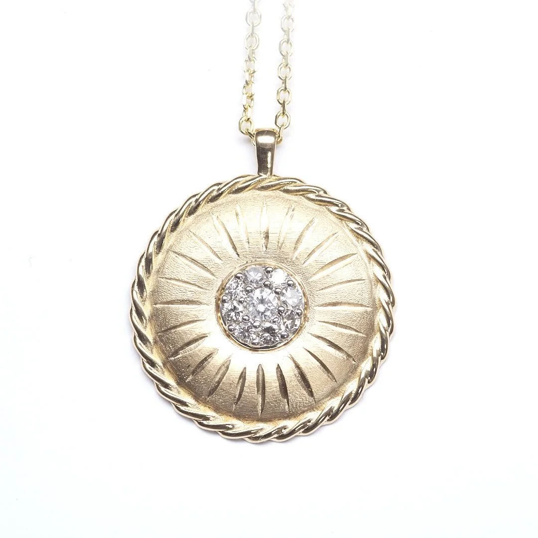 This Christmas, a fine customer had me produce eight of these medallion pendants as family gifts. Each about 1&rdquo; across, using her diamonds. Custom-made jewelry expresses who you are and elevates our time on this earth. #customjewelrydesigns #va