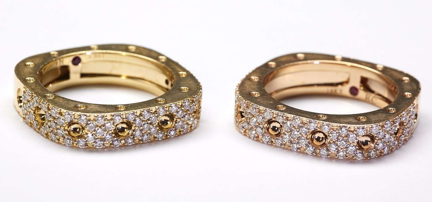 18-karat rings by Roberto Coin from the Poi Moi collection, one in green gold and the other in rose gold.