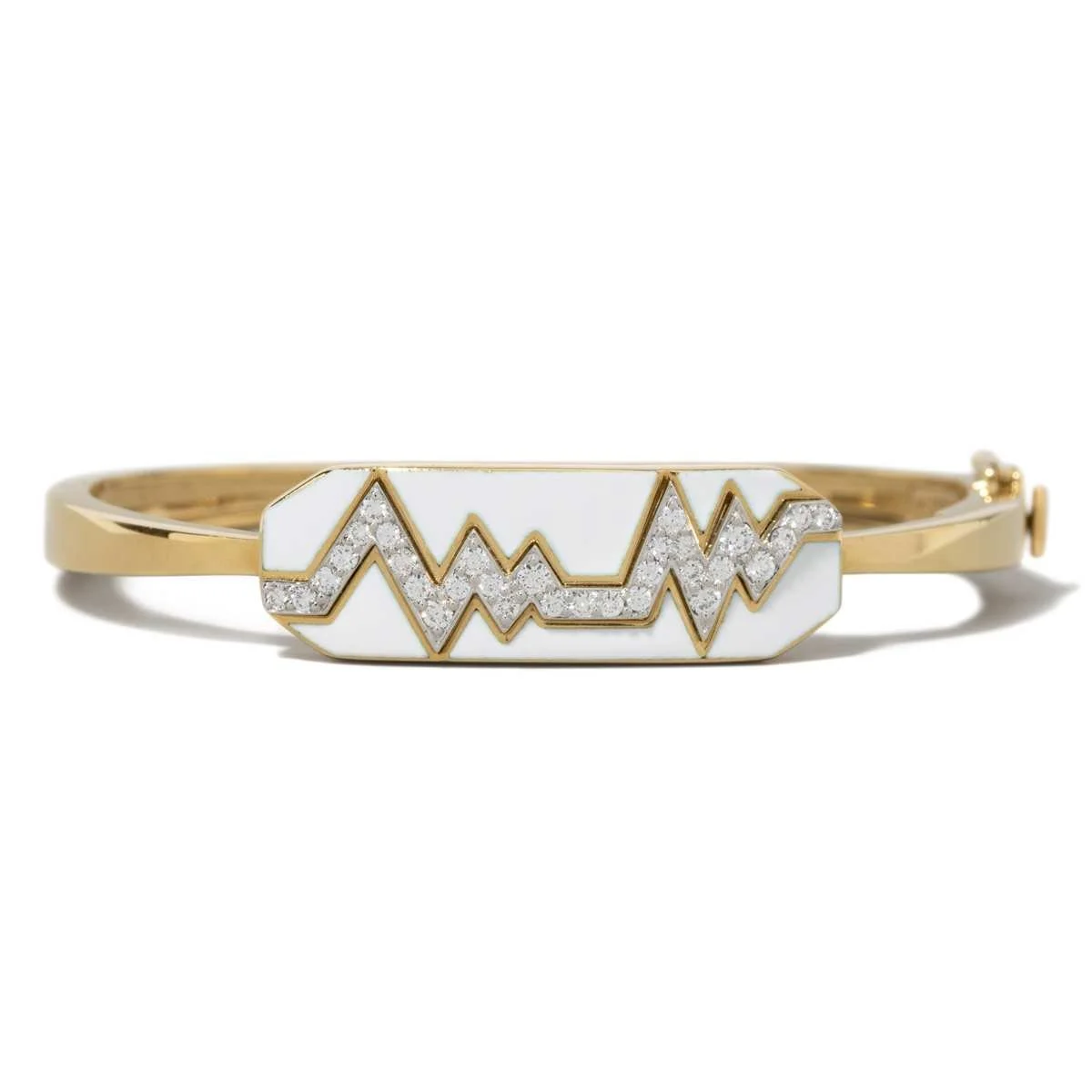 This unique white enamel and diamond bracelet in platinum and 18k yellow gold is numbered and signed by famed American designer David Webb.