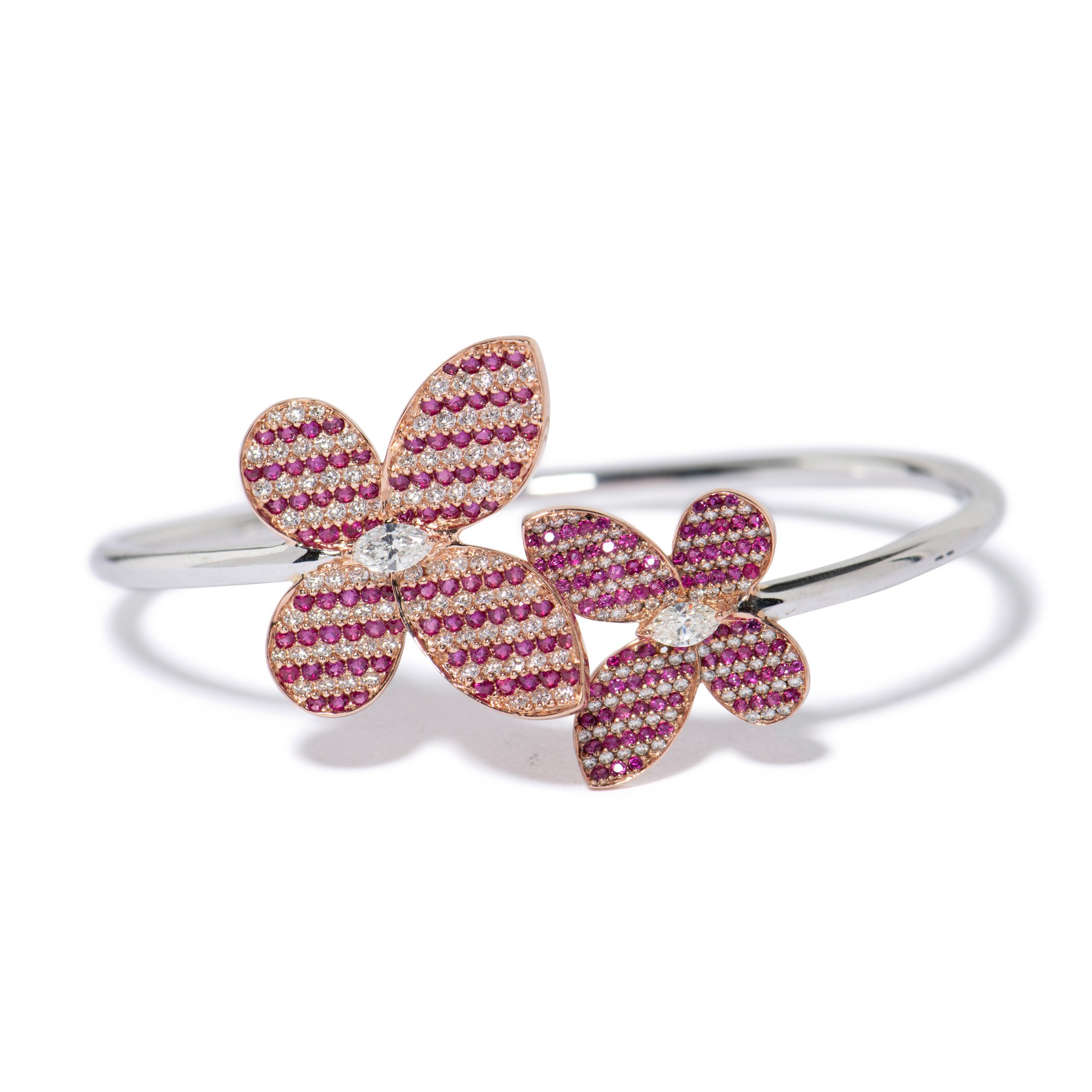 18k white and rose gold bangle bracelet with round rubies and white sapphires, and marquise diamonds, by Miiori (contemporary)