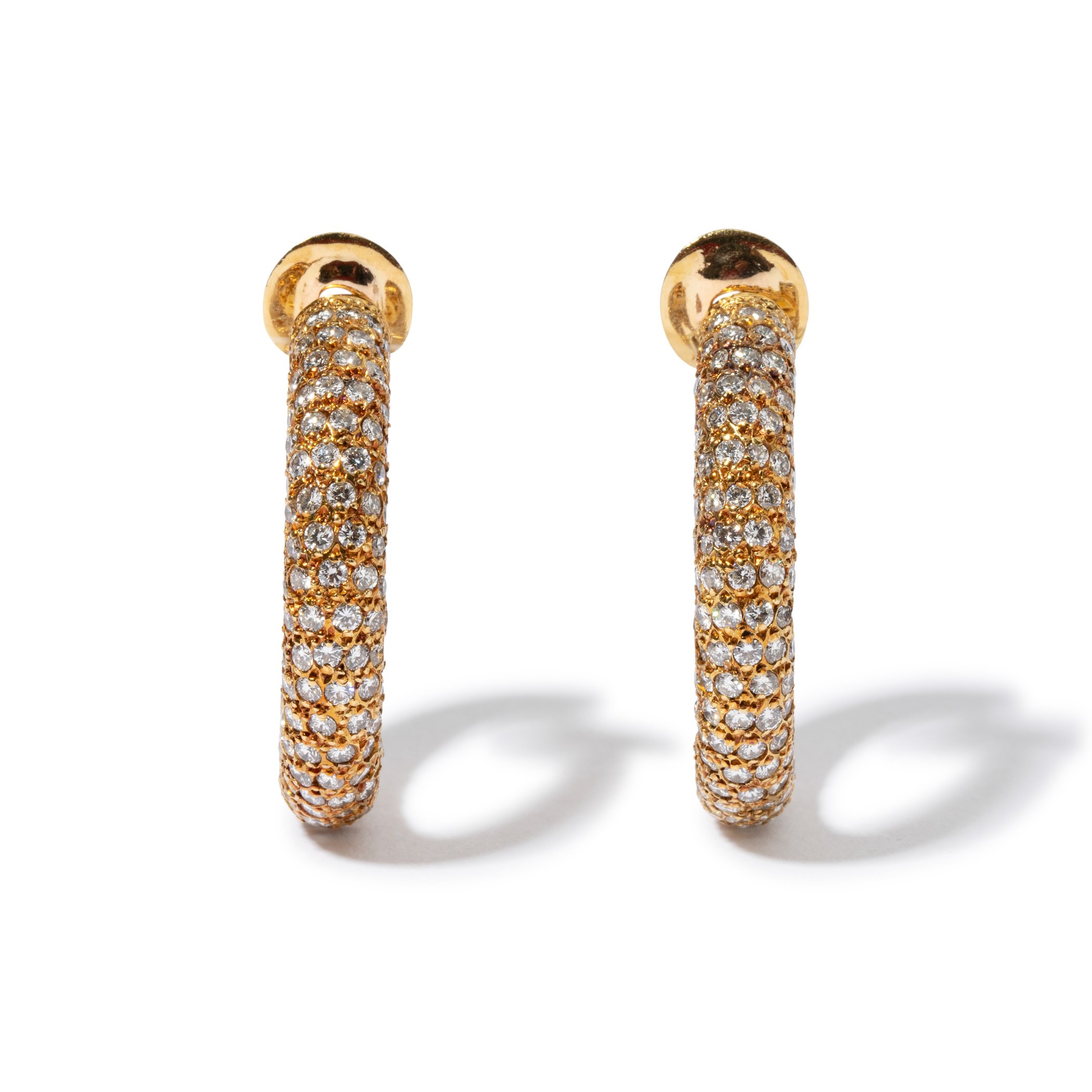18k yellow gold semi-hoop earrings pave-set with round diamonds weighing 12.00 carats total (estate)