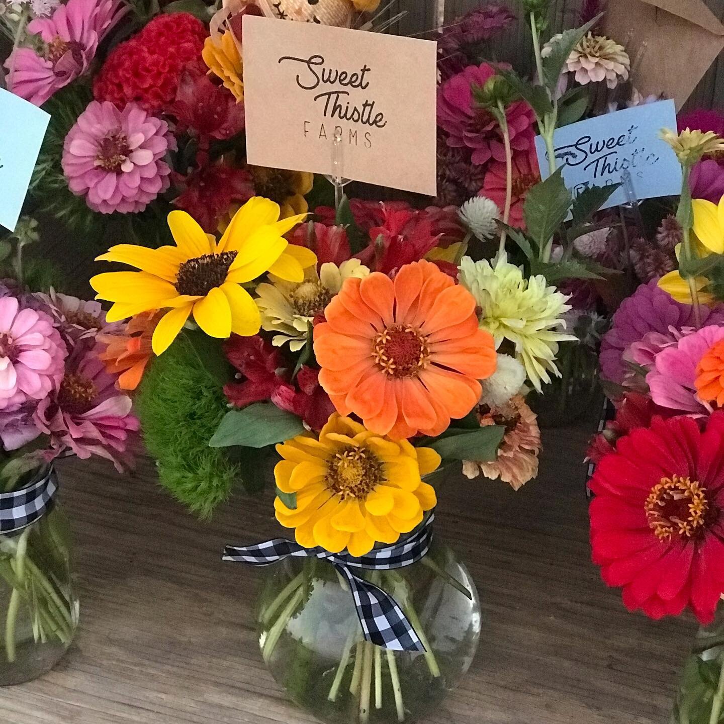 Farm Stand has some bouquets ready! Tuesday and Thursday we have flowers available at our farm stand. #flowers #farmstand #cagrown #sweetthistlefarms #cutflowers #flowerfarminglife #flowerfarmer #growfloret #seeds #masonjar #clovis #fresno #clovisflo