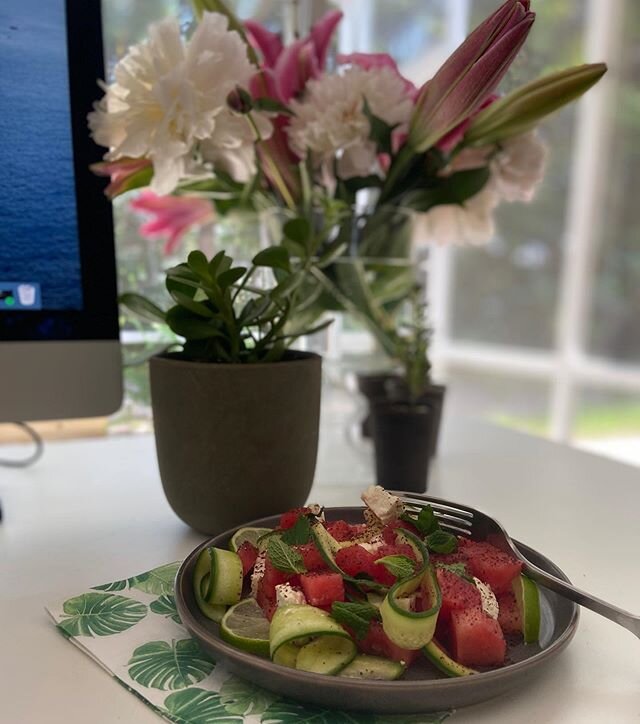 Highlight of my day! I love summer dishes.. l&rsquo;m one of these people who can&rsquo;t eat much when It is 90 degrees outside ! This one, l can eat it everyday for brakfast &amp; lunch and dinner! So simple to make! Watermelon+feta+cucumber+mint+ 