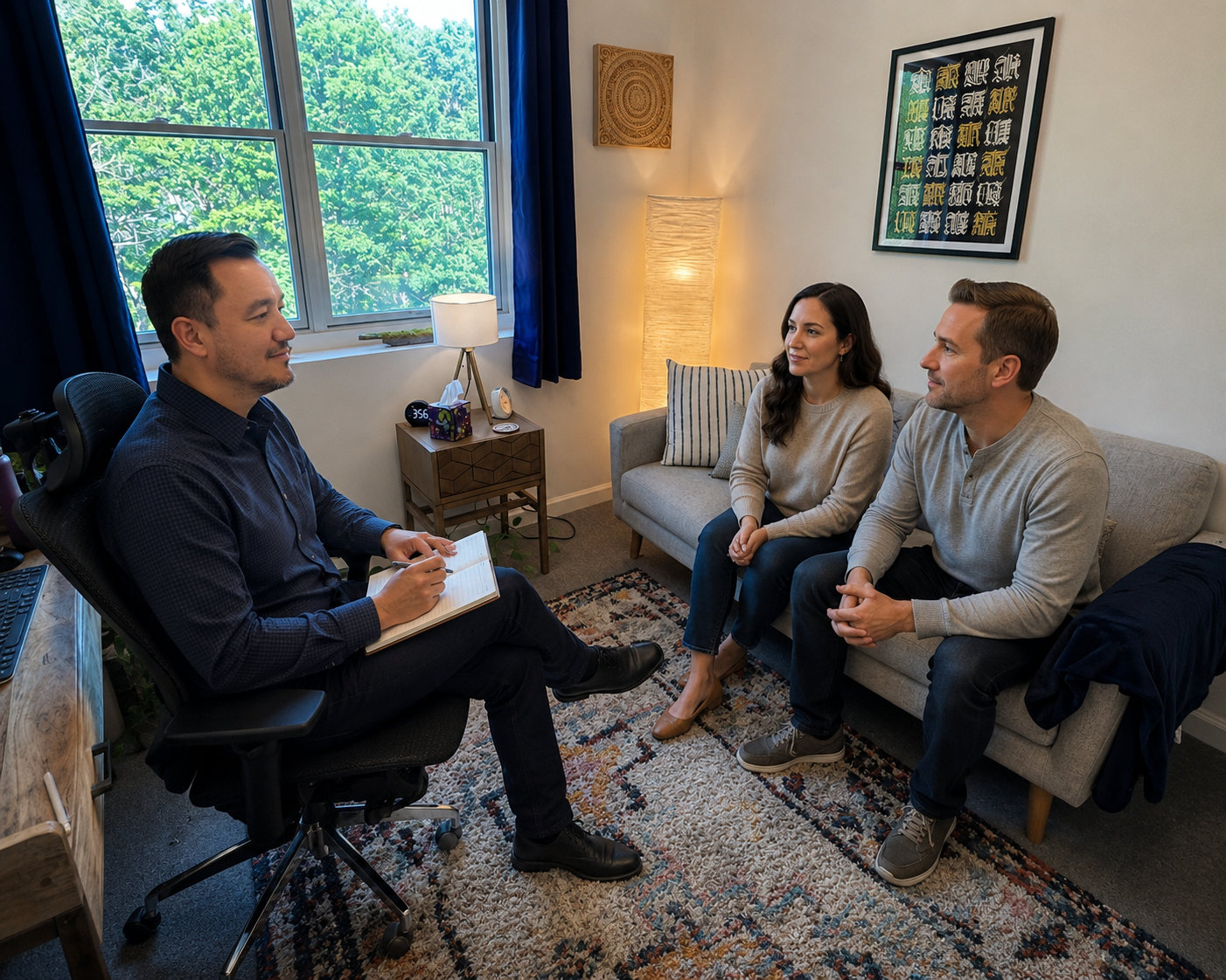 A therapy session with a therapist taking notes while a couple sits on a sofa, listening attentively in a cozy, well-lit room with a window and decorative elements.