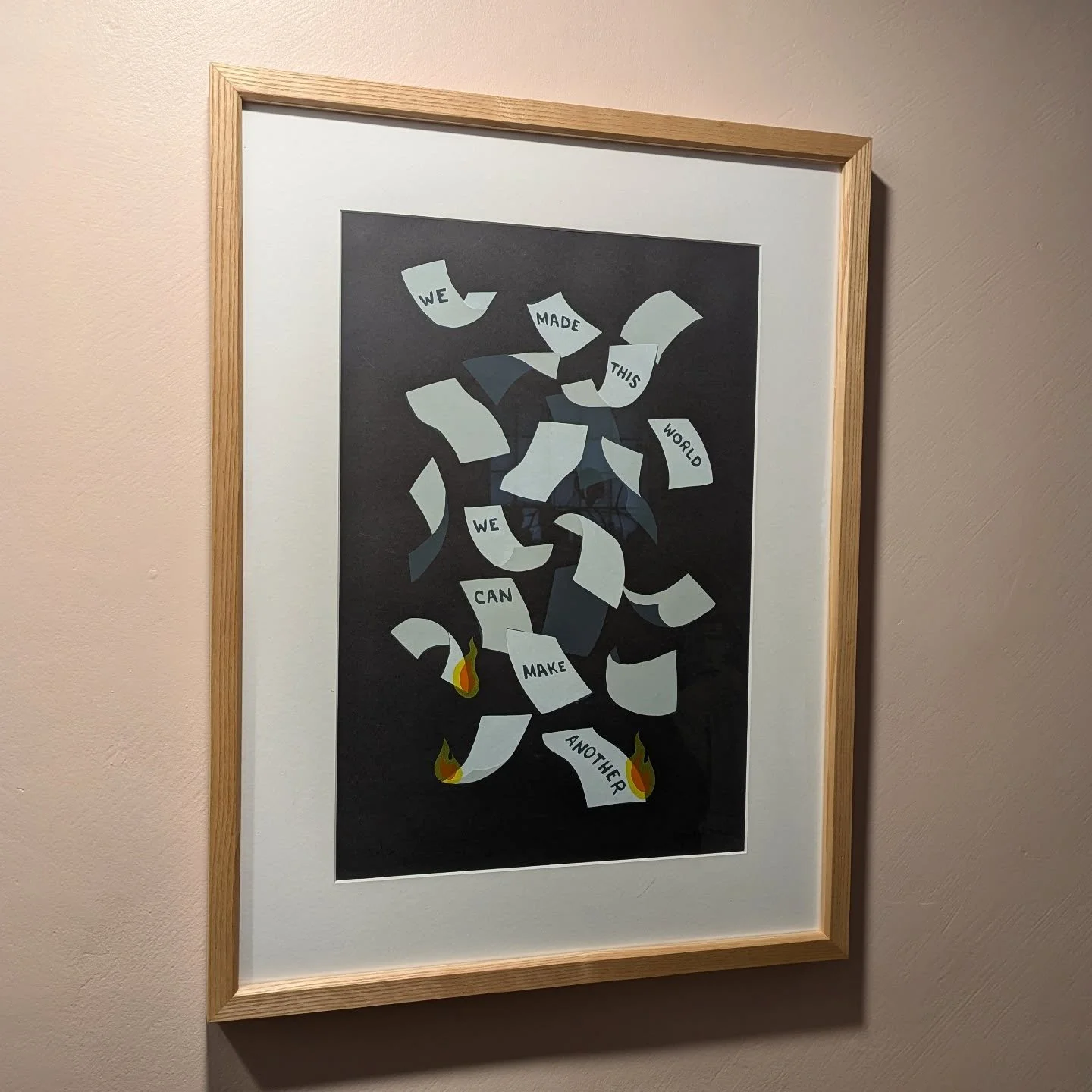 An affirmation to everyone else feeling the fearful dread, anger, and uncertainty of this day. Print by Roger Peet, framed in Ash.

Image description:
Hung on a pink wall, a warm-toned wood picture frame holds  a matted print by Roger Peet. The print