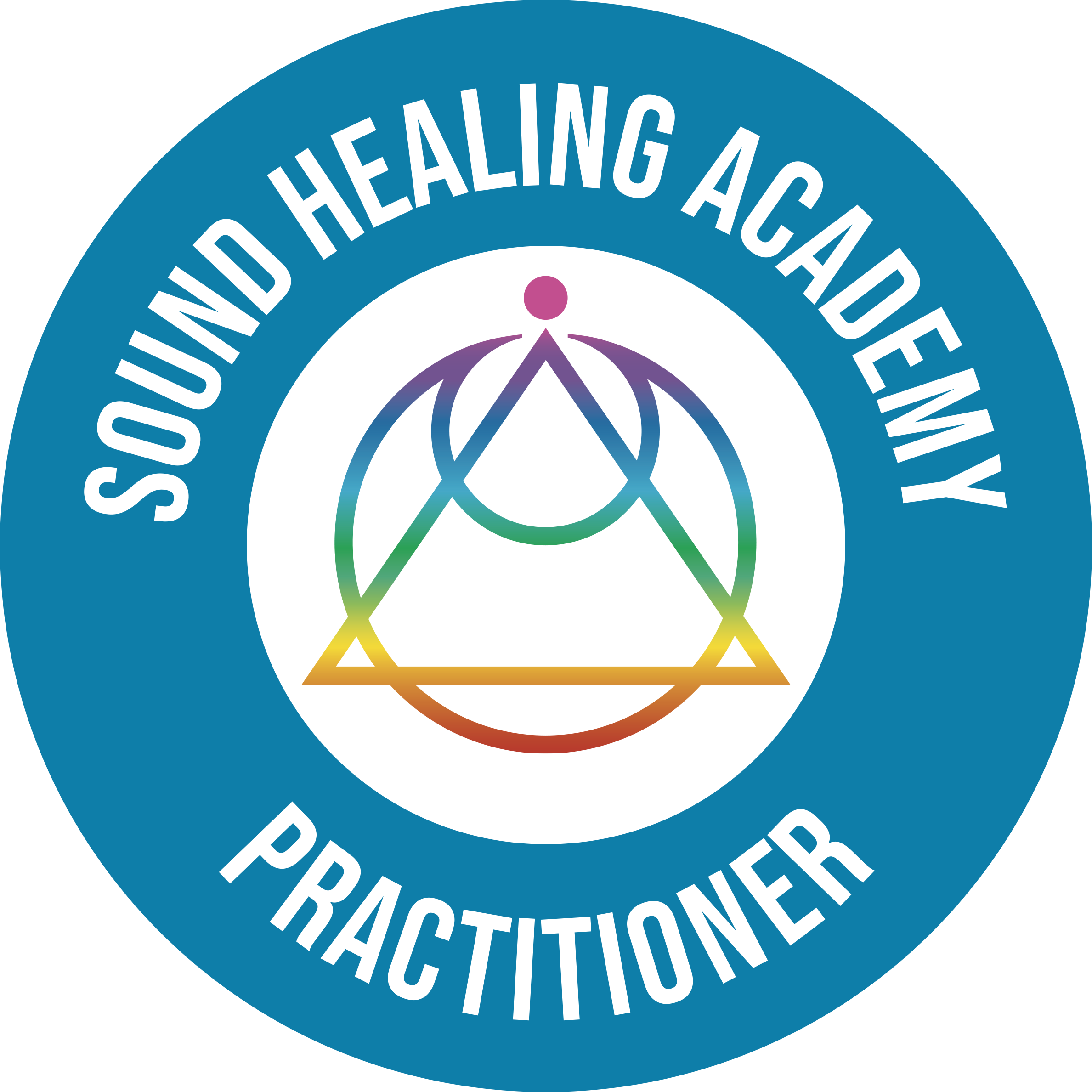A circular logo for Sound Healing Academy Practitioners, featuring a colorful geometric design with interconnected lines forming triangles and circles, surrounded by a blue ring with white text.