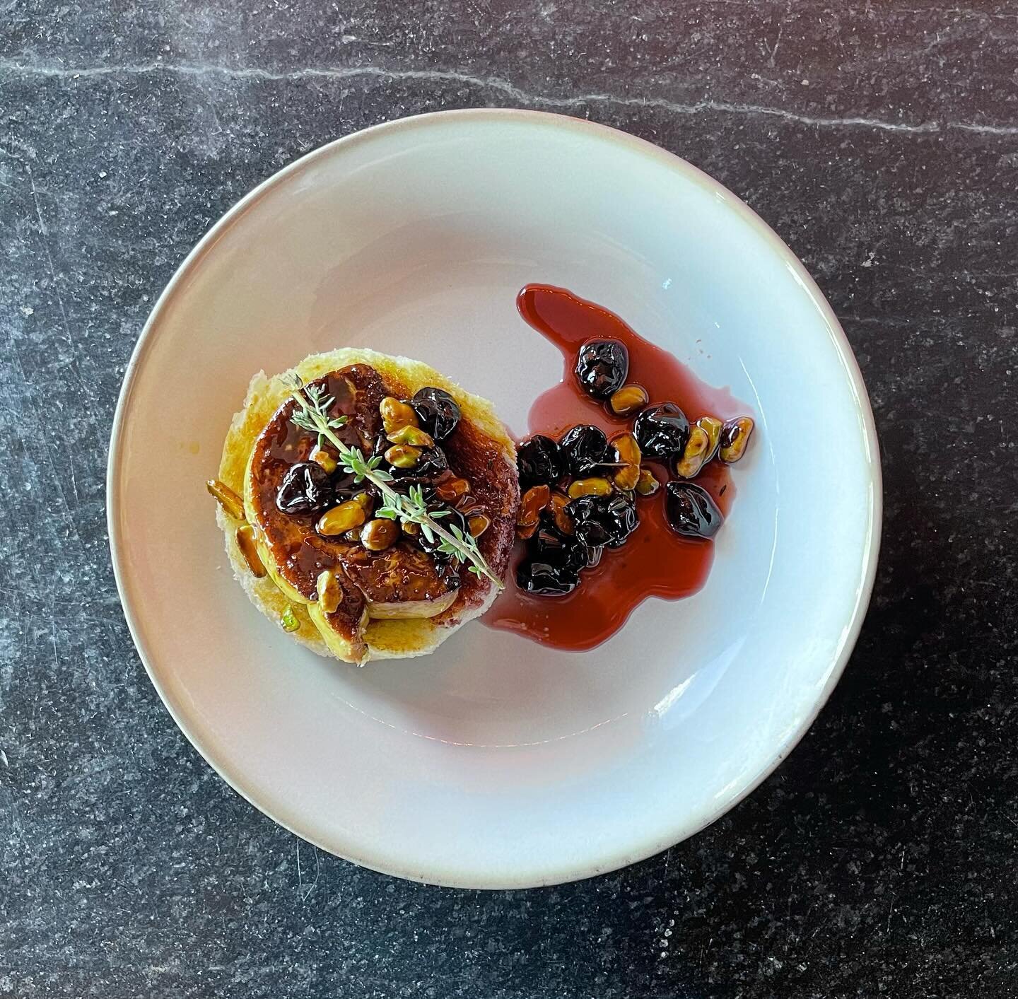 Foie Gras has returned
.
Pan seared duck liver, toasted pain au lait, tart cherries, pistachios, thyme, amarena-port gastrique, fleur de sel. 
.
#tastebetter #foiegras #goodness