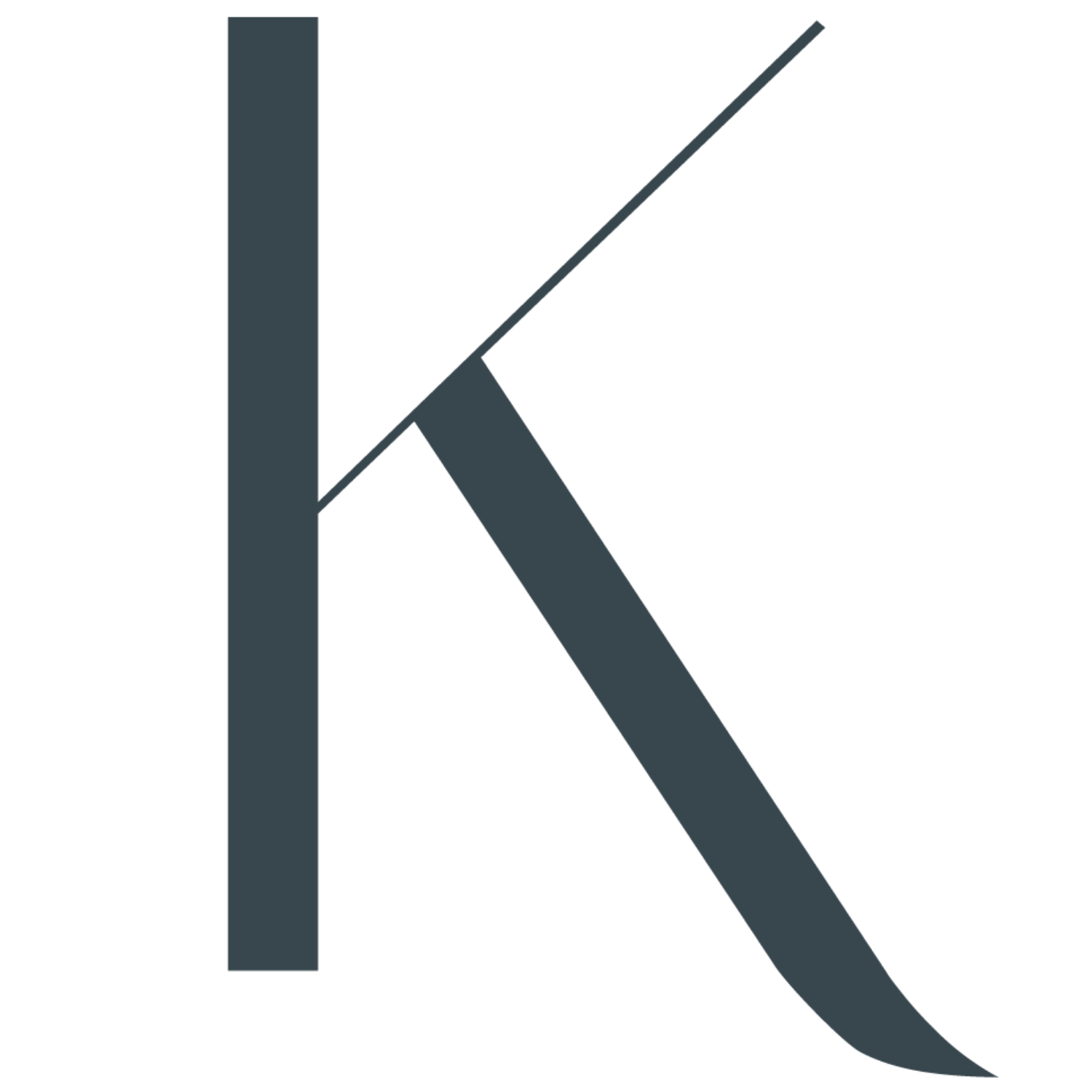 Close-up of a stylized black letter 'K' with a gray diagonal line crossing it and a curved tail at the bottom right.