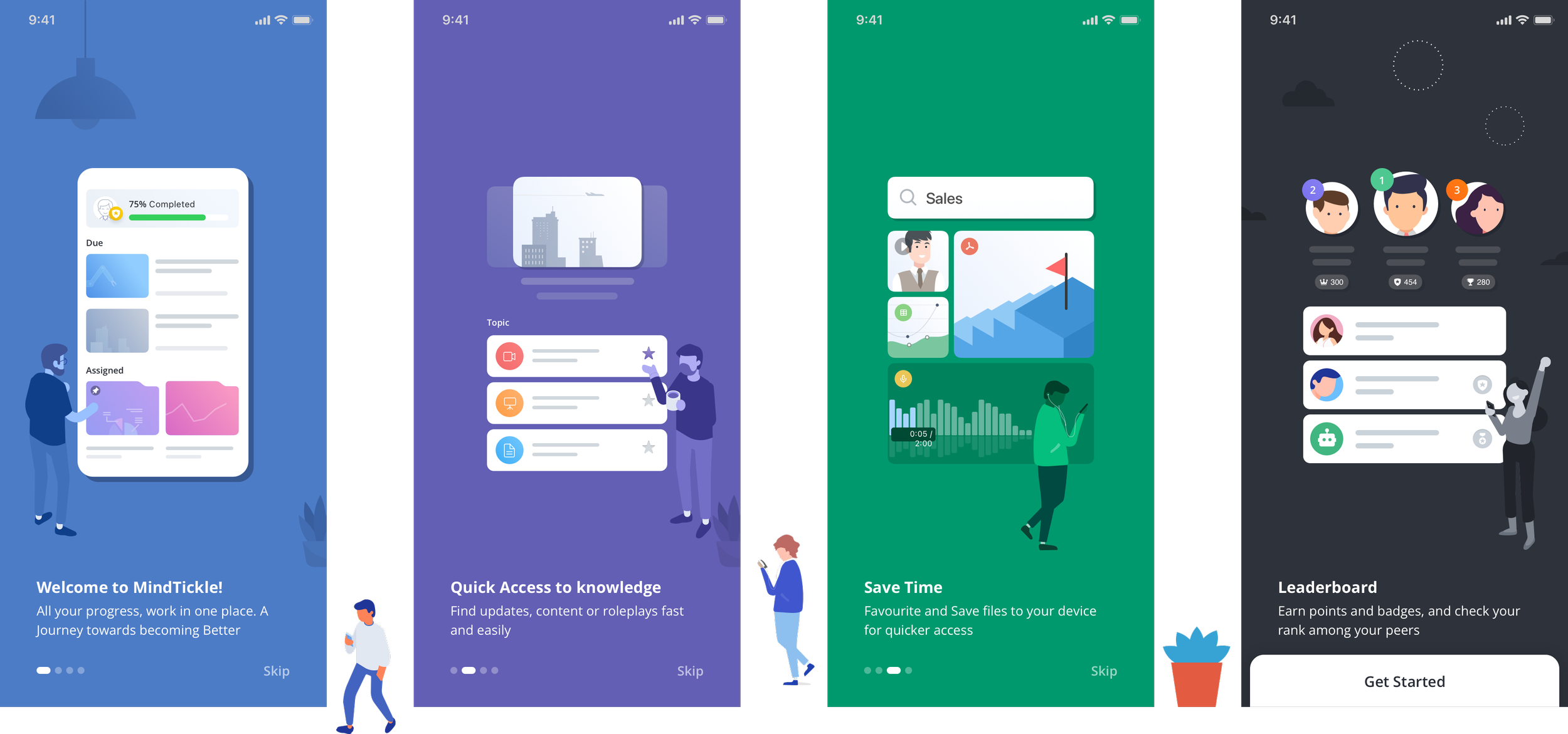 Screenshots of a mobile app tutorial featuring four onboarding screens with cartoon characters and icons, describing app features like progress tracking, quick knowledge access, saving time, and leaderboards.