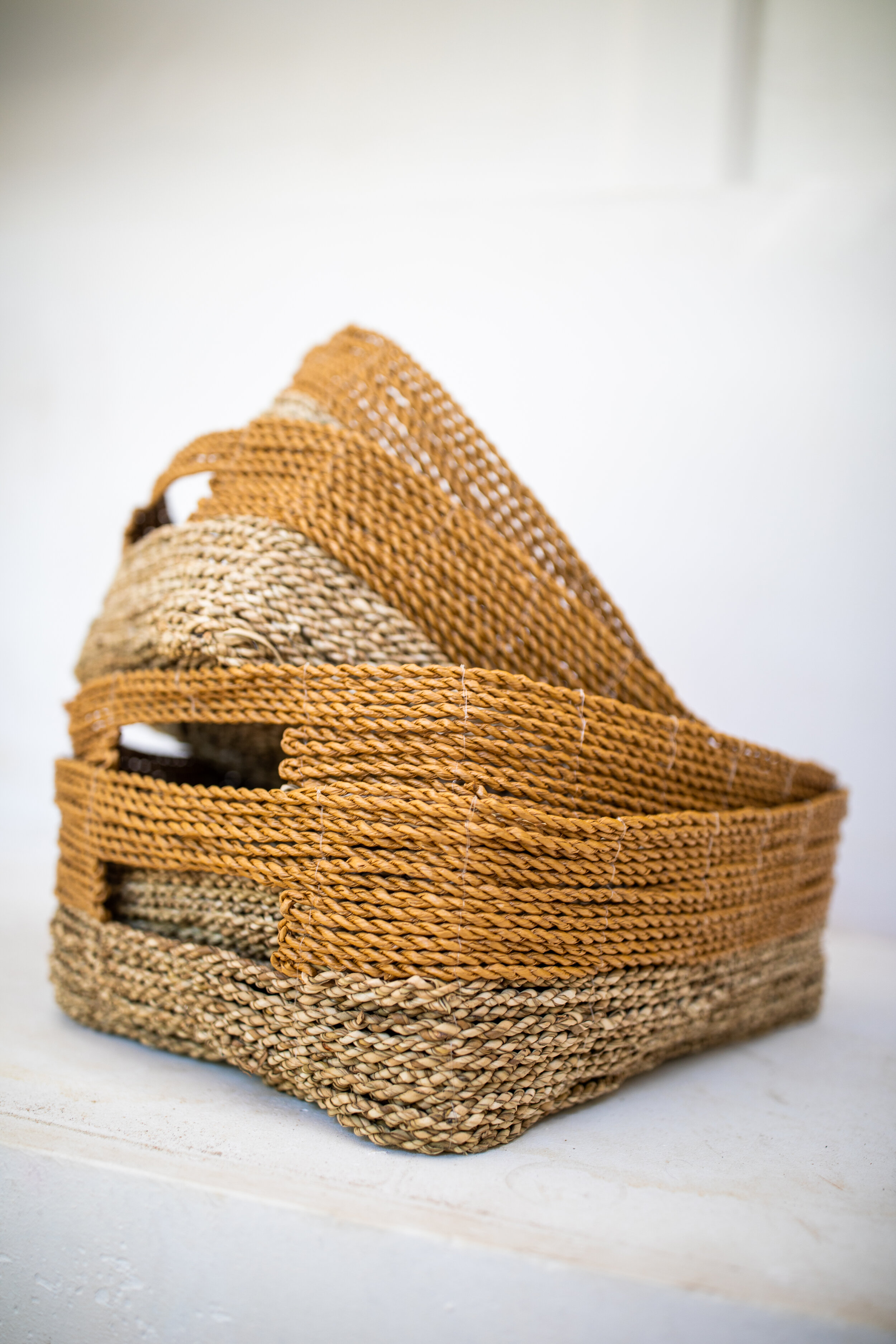 SET OF 4 RECTANGLE BASKETS NATURAL/GOLD 
