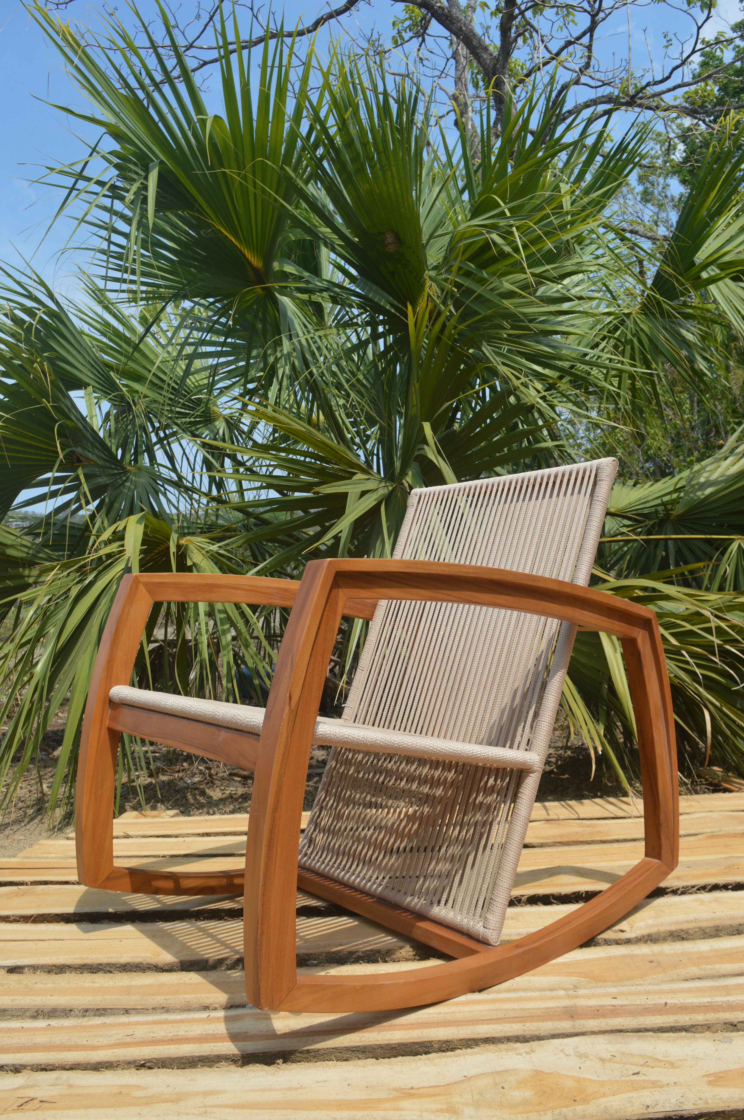 OUTDOOR K2 DESIGN NINA ROCKER CHAIR NATURAL TEAK &amp; BEIGE POLY THREAD 