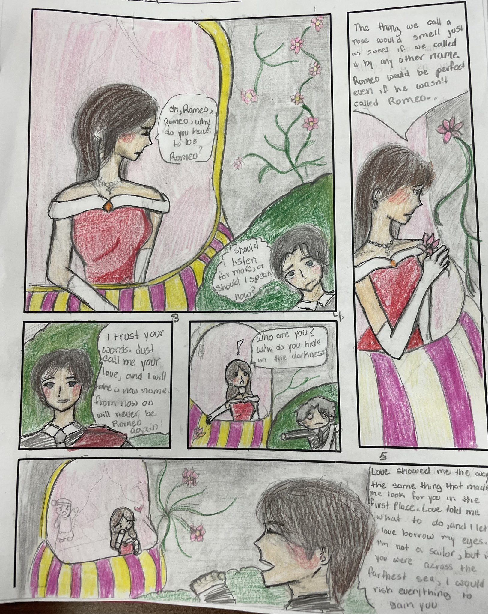 Romeo and Juliet's famous balcony scene reimaged into a comic strip.