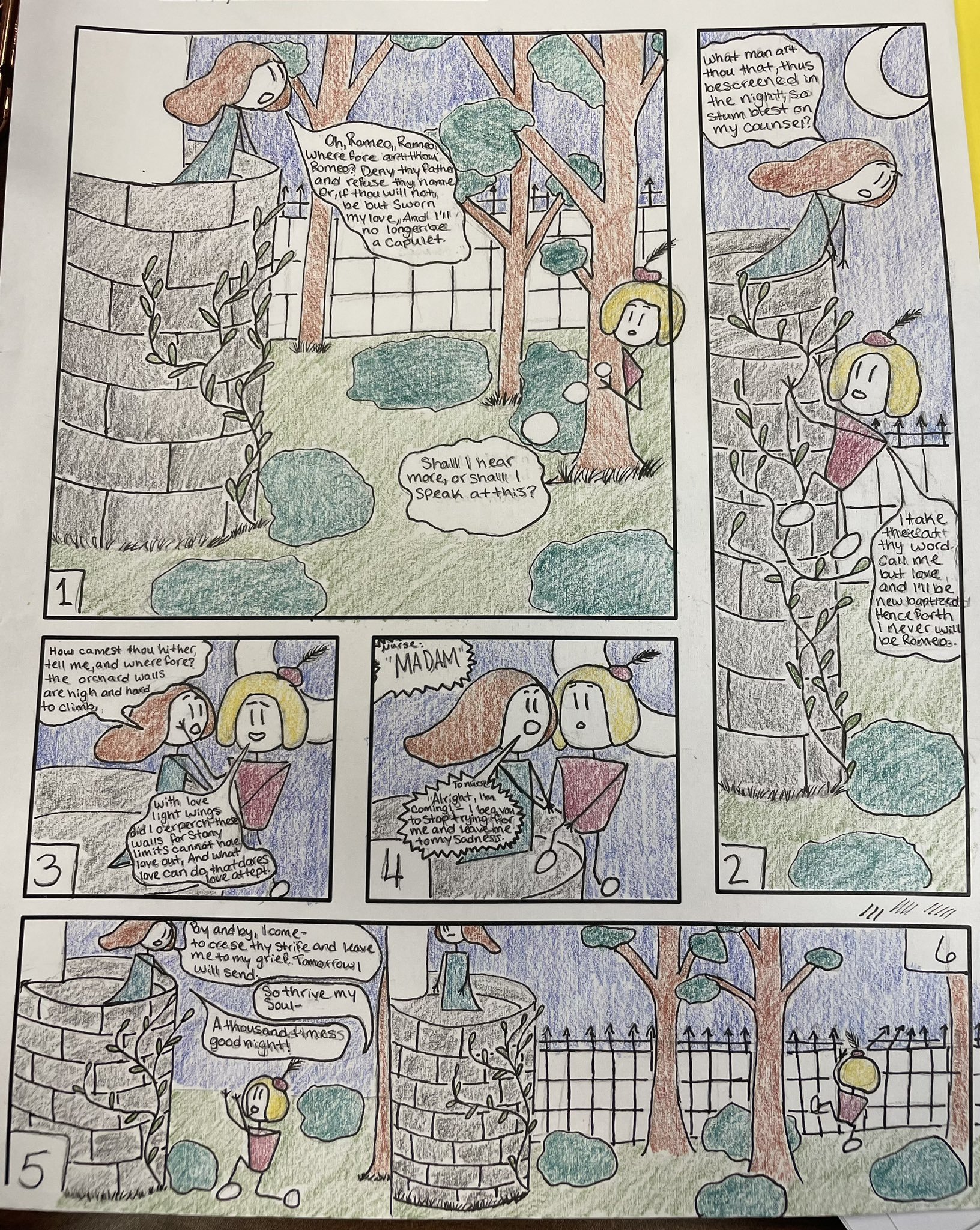 Romeo and Juliet's famous balcony scene reimaged into a comic strip.