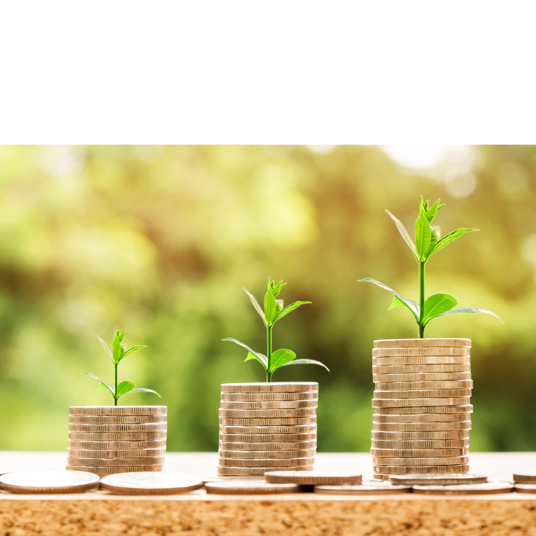 Three stacks of coins with small green plants growing from each, increasing in height from left to right, on a wooden surface with a blurred green outdoor background.