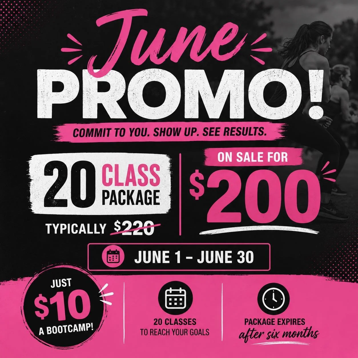 ☀️June Promo☀️
Purchase a 20 class package for only $200! $10/class 👏🏼👏🏼

Grab your package on the website or in the gym! 

* packages expire after six months- giving lots of time to reach your goals!