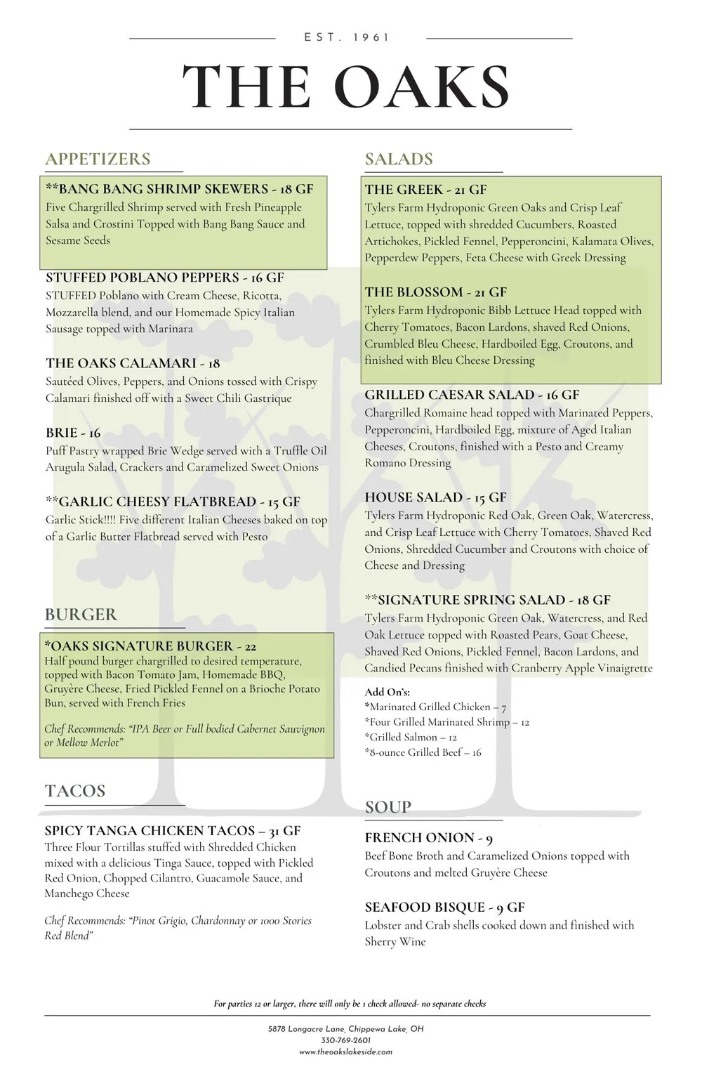 Dinner Menu — The Oaks