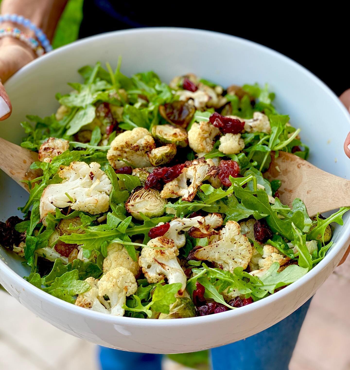 Want to throw a salad together without much thought? 

Roasted vegetables are so easy to add and take any salad to the next level. 

In this salad, I tossed cauliflower and brussels sprouts with a spray of avocado oil, salt, pepper and garlic powder.