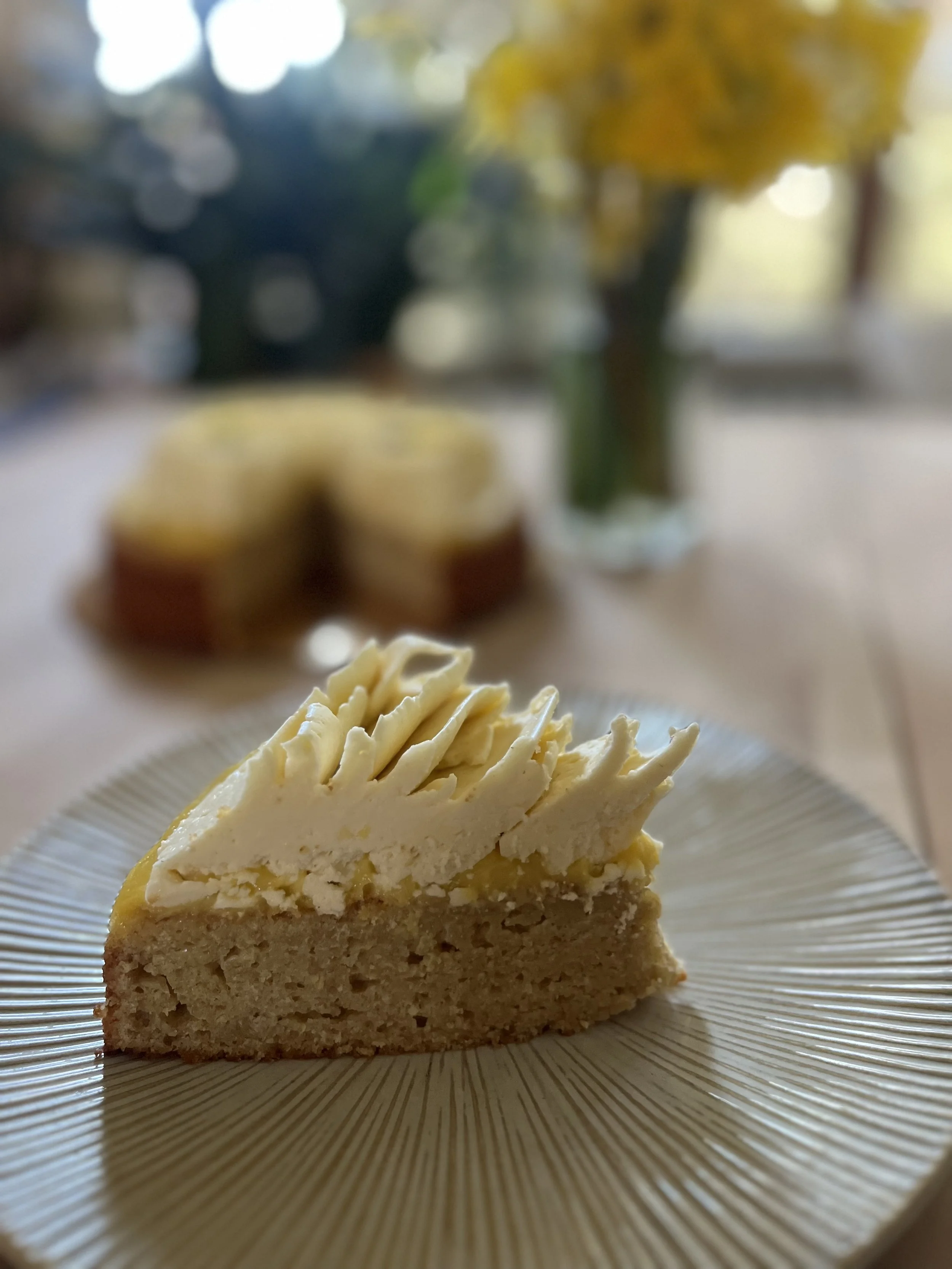 Sourdough Einkorn Cake with Lemon Curd and Vanilla Swiss Meringue