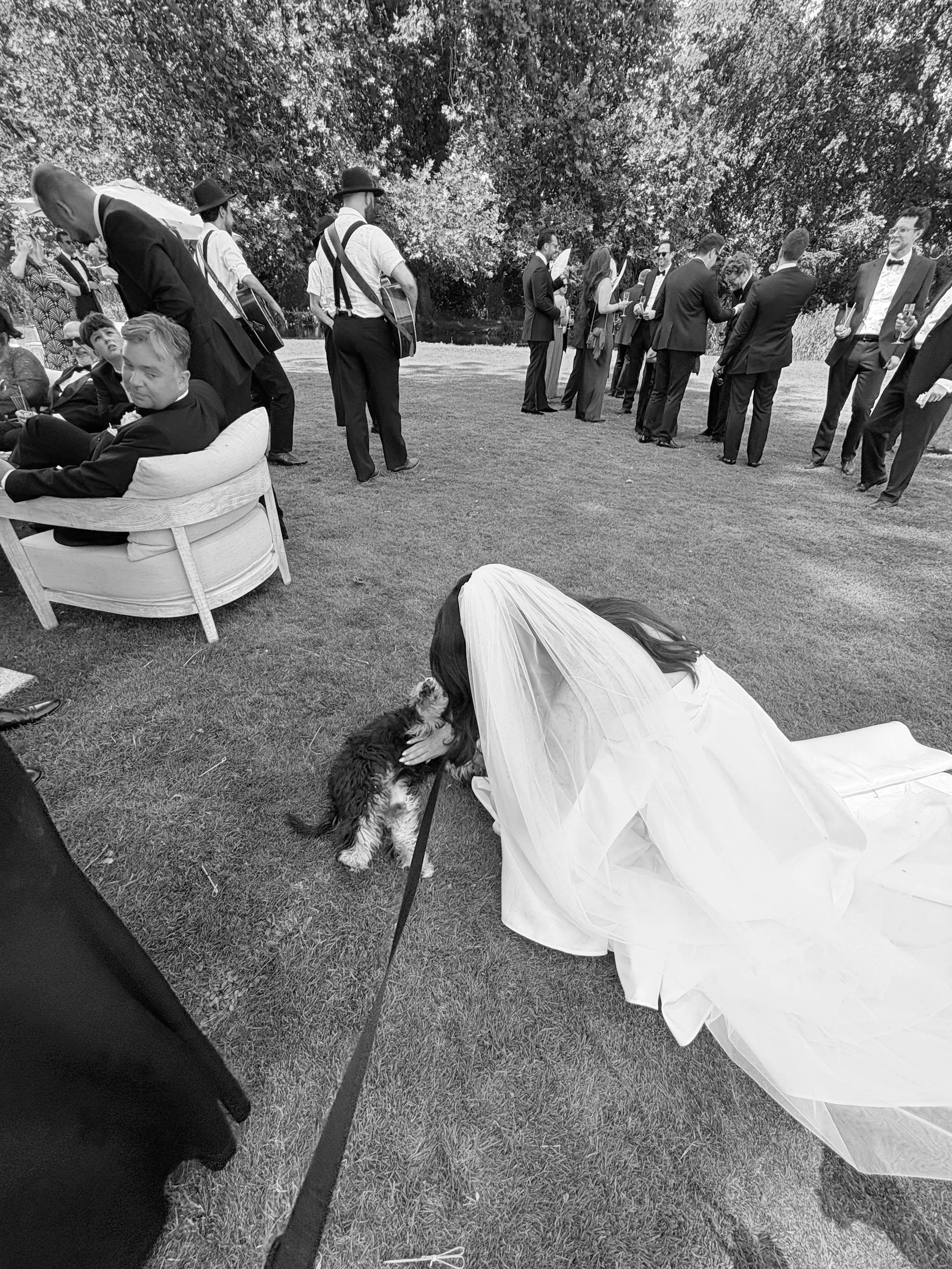A group of people dressed in formal attire, including tuxedos and dresses, attending an outdoor event with some sitting on chairs and others standing in line, while a woman in a wedding dress is lying on the grass petting a small dog.