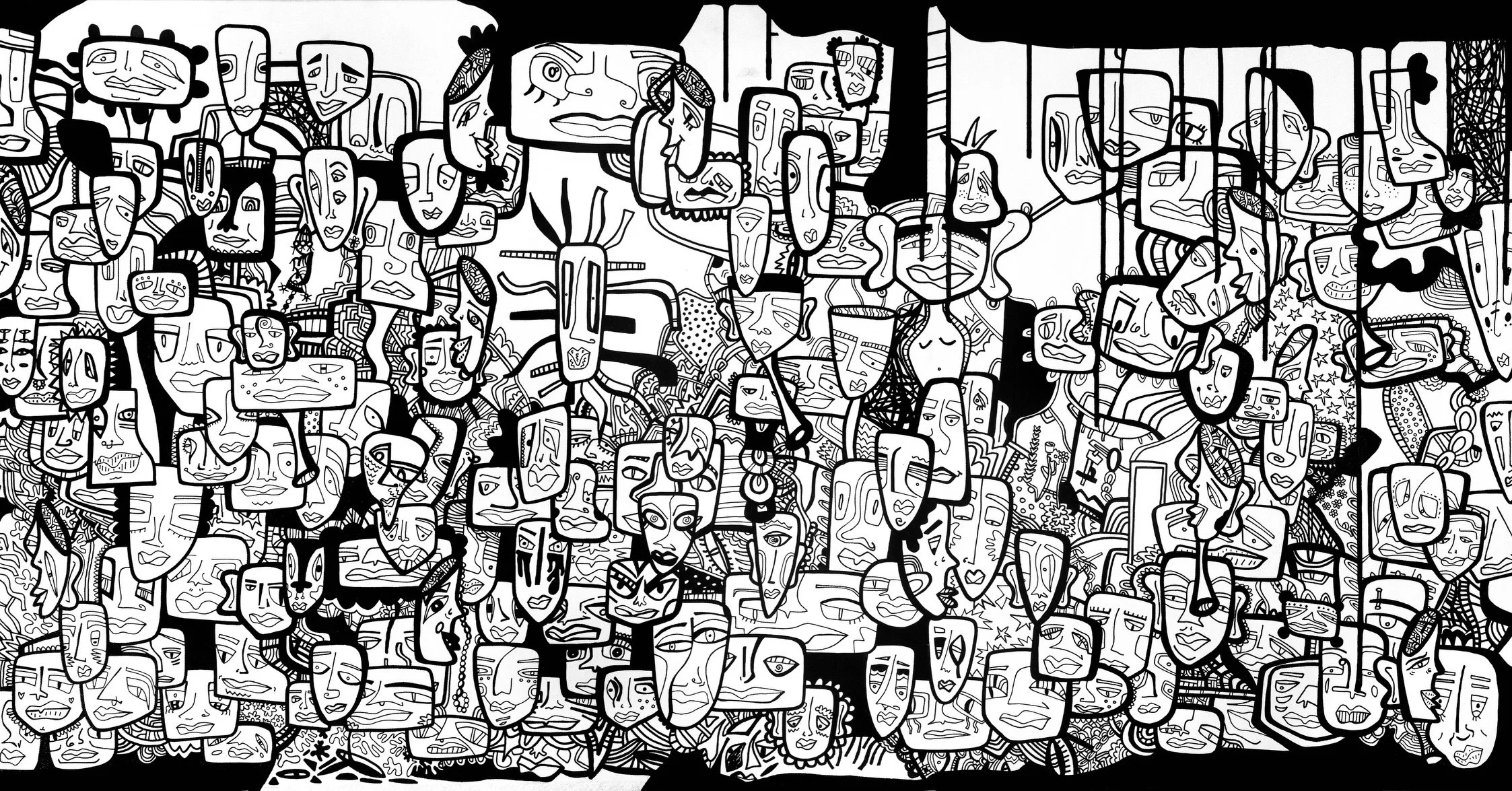 One time I had a contest where people on here tried to guess how many faces were in some of these detailed drawings&hellip;.but I really don&rsquo;t want to count them myself 😅 
.
.
.
&ldquo;All Seeking Connection&rdquo;
Posca pen on 24&rdquo;x 48&r