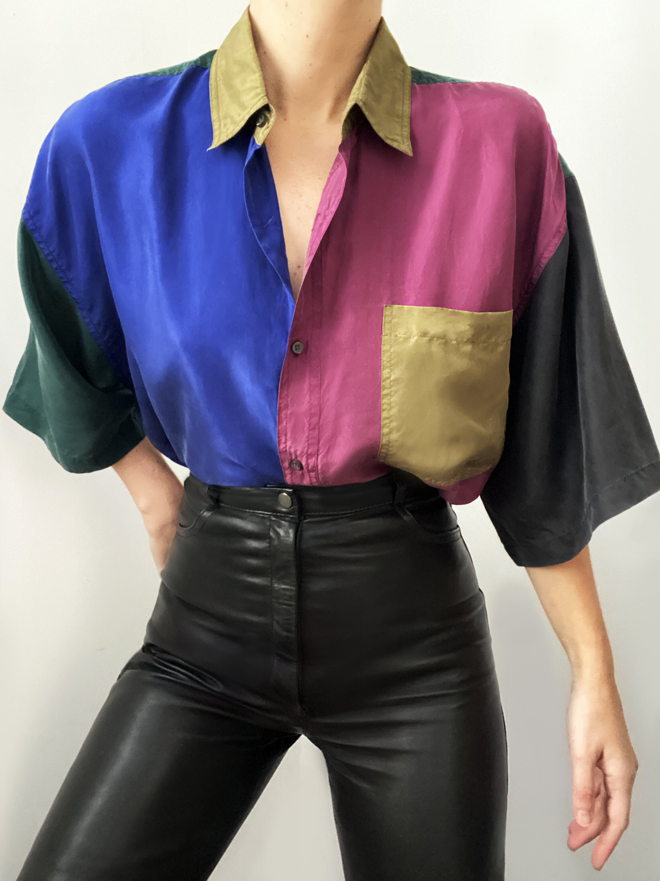 80s Silk Color Block Button-Down