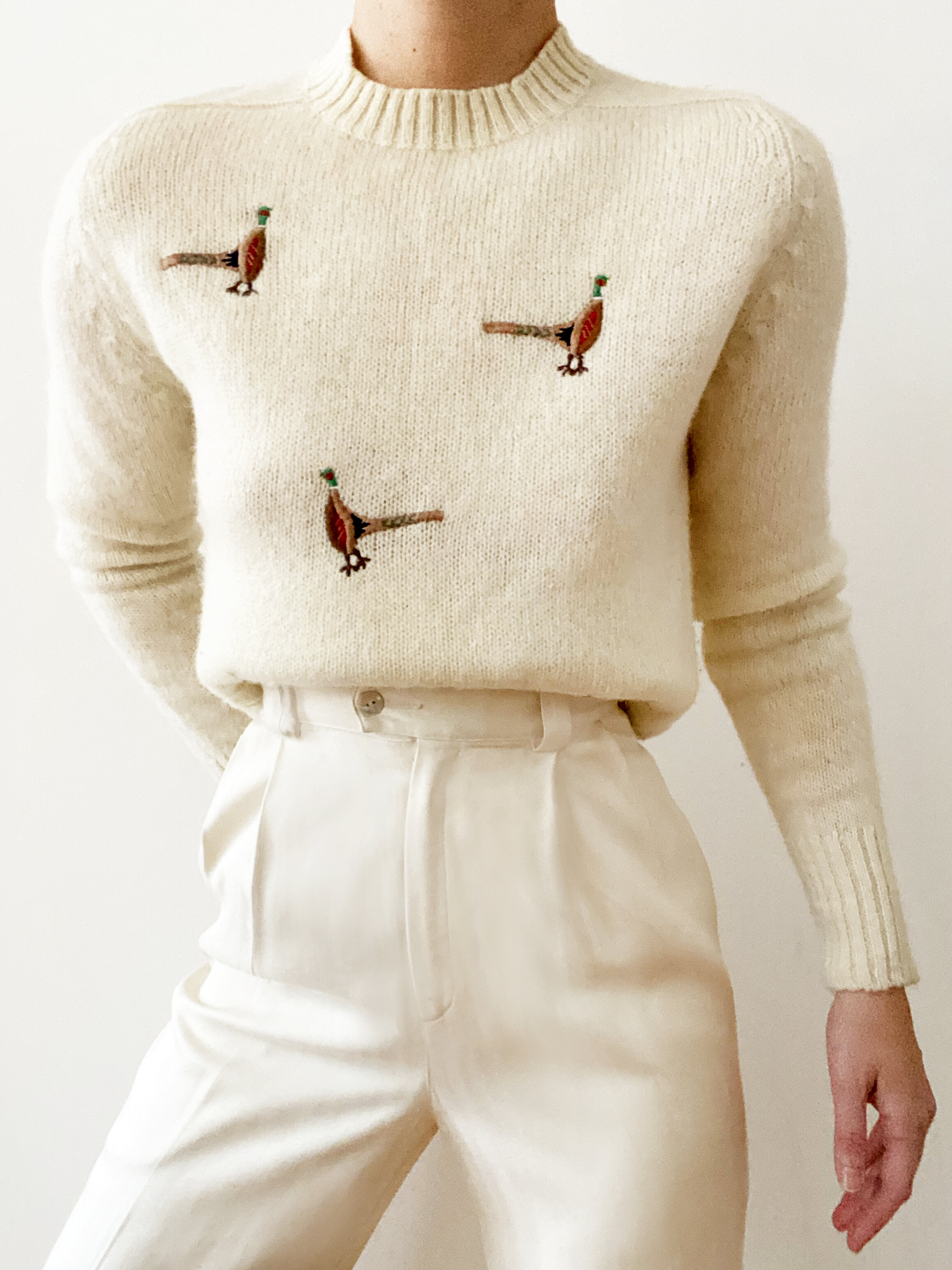 Ivory Embroidered Pheasant Vintage Shetland Wool Sweater