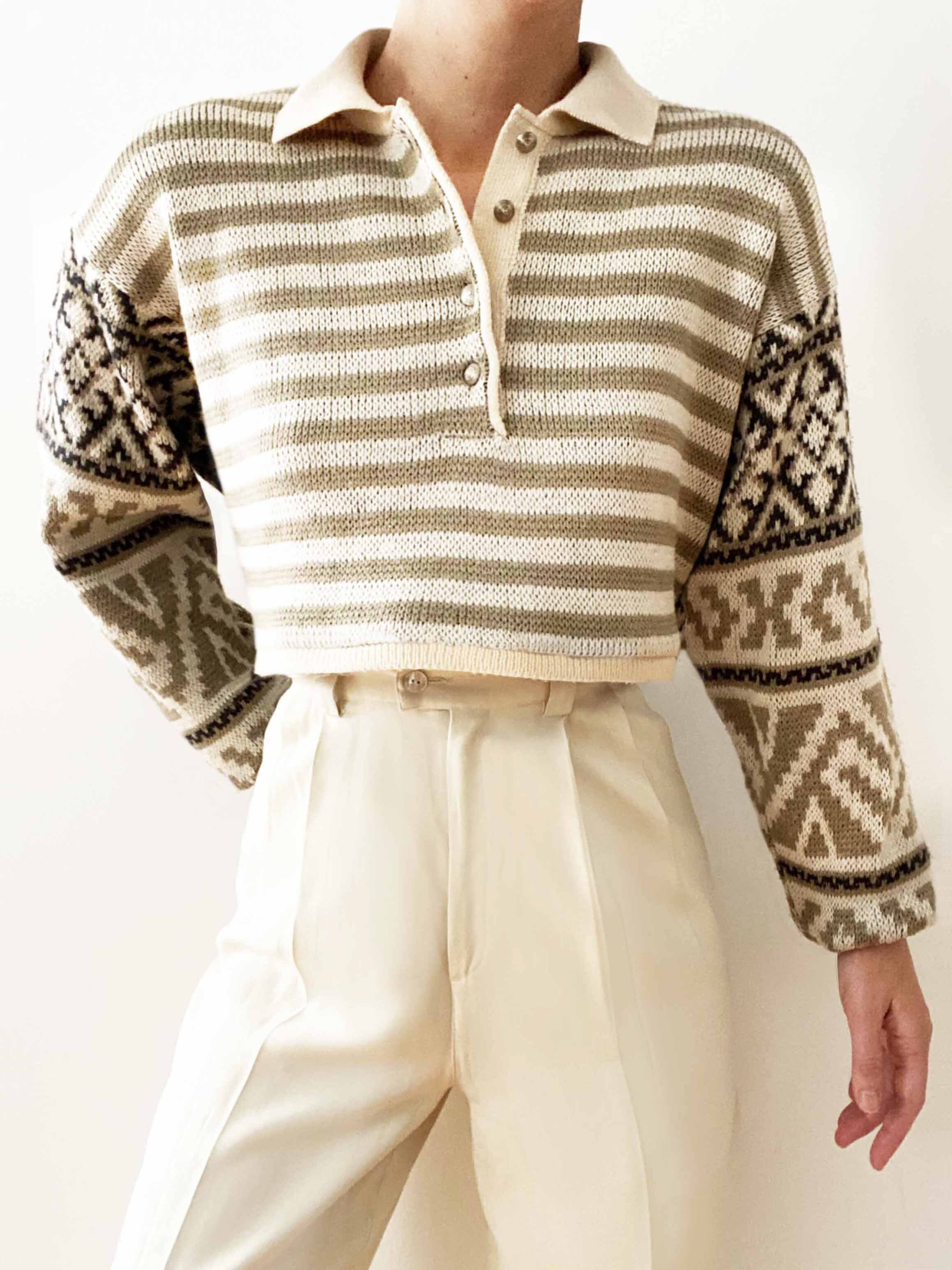 Stunning Neutral Multi-Pattern Cropped Henley Pullover