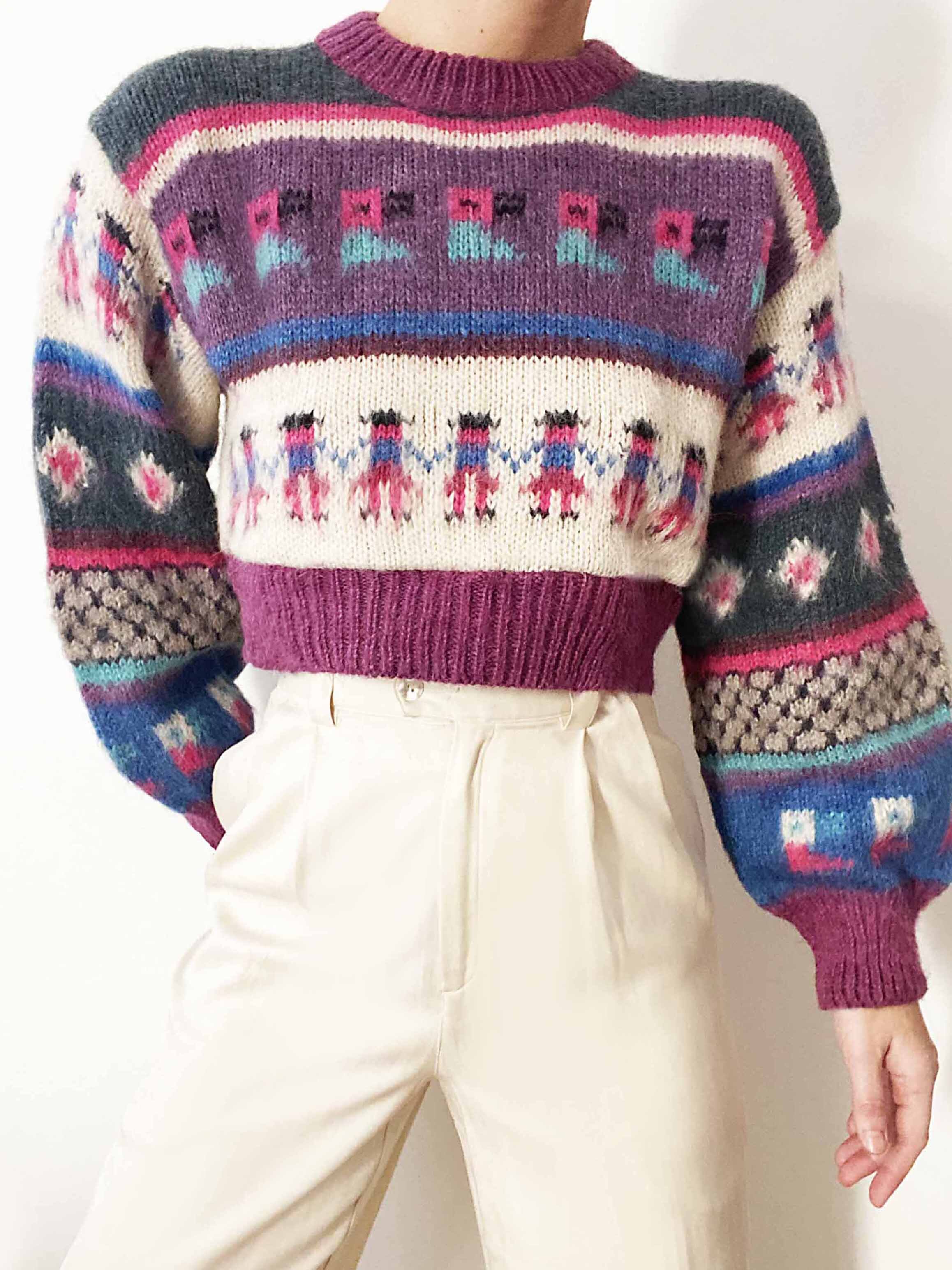 Incredible Pure Alpaca Cropped Multi Pattern Pullover