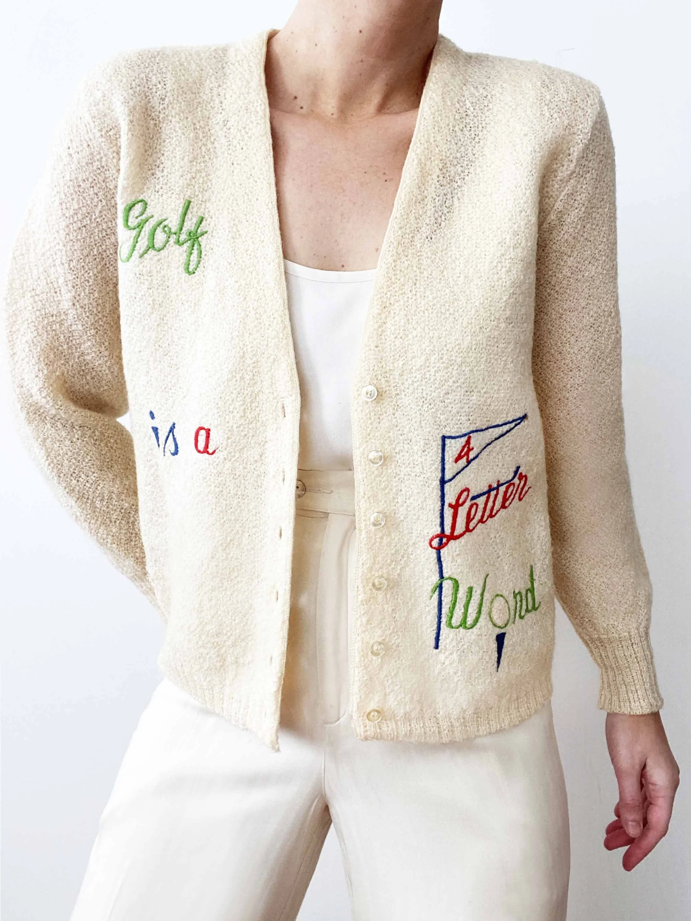 Stunning Saks Fifth Avenue Ivory Hand Embroidered Golf Is A 4 Letter Word Sweater