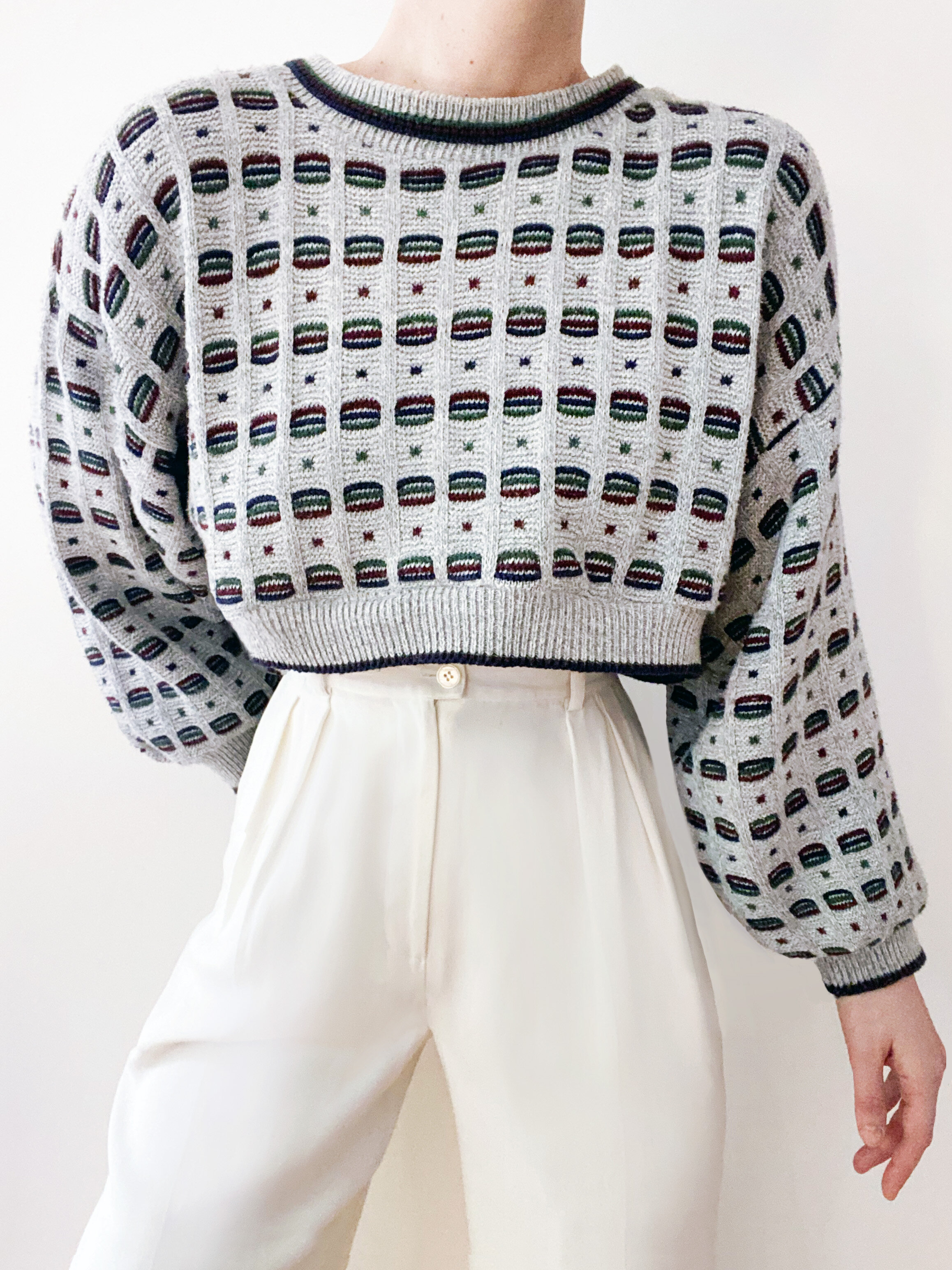 Gorgeous Textural Geometric Heathered Cropped Pullover