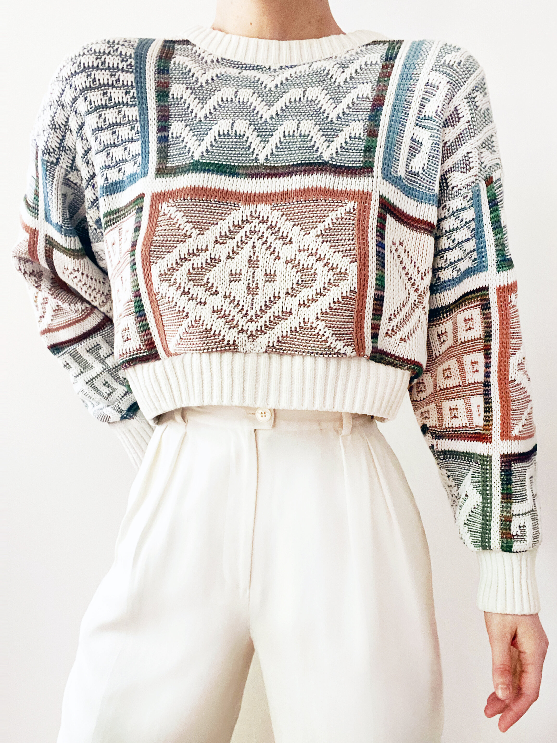 Incredible Ivory Woven Patchwork Pattern Cropped Sweater