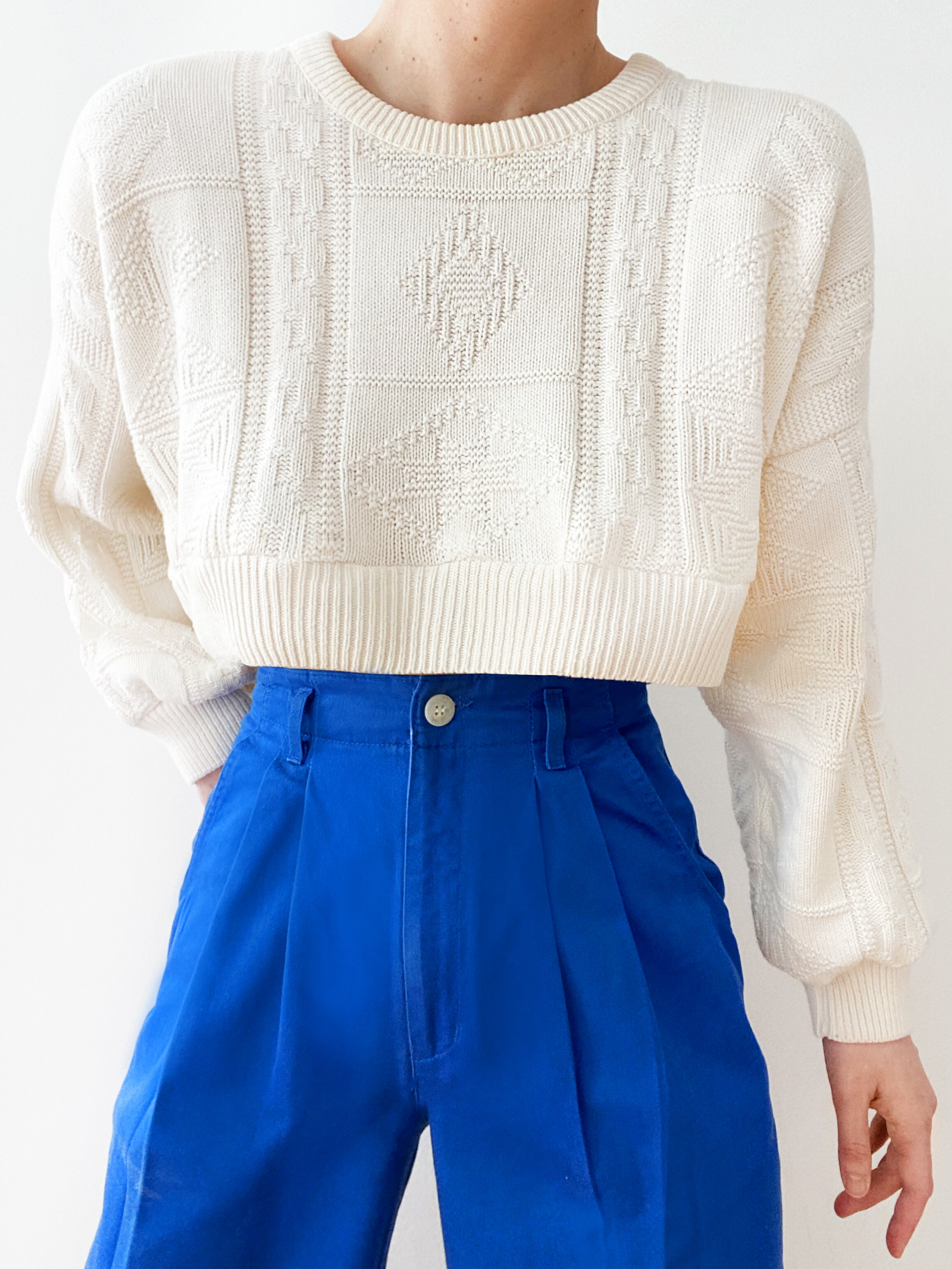 Gorgeous Quilted Textural Knit Ivory Cropped Pullover
