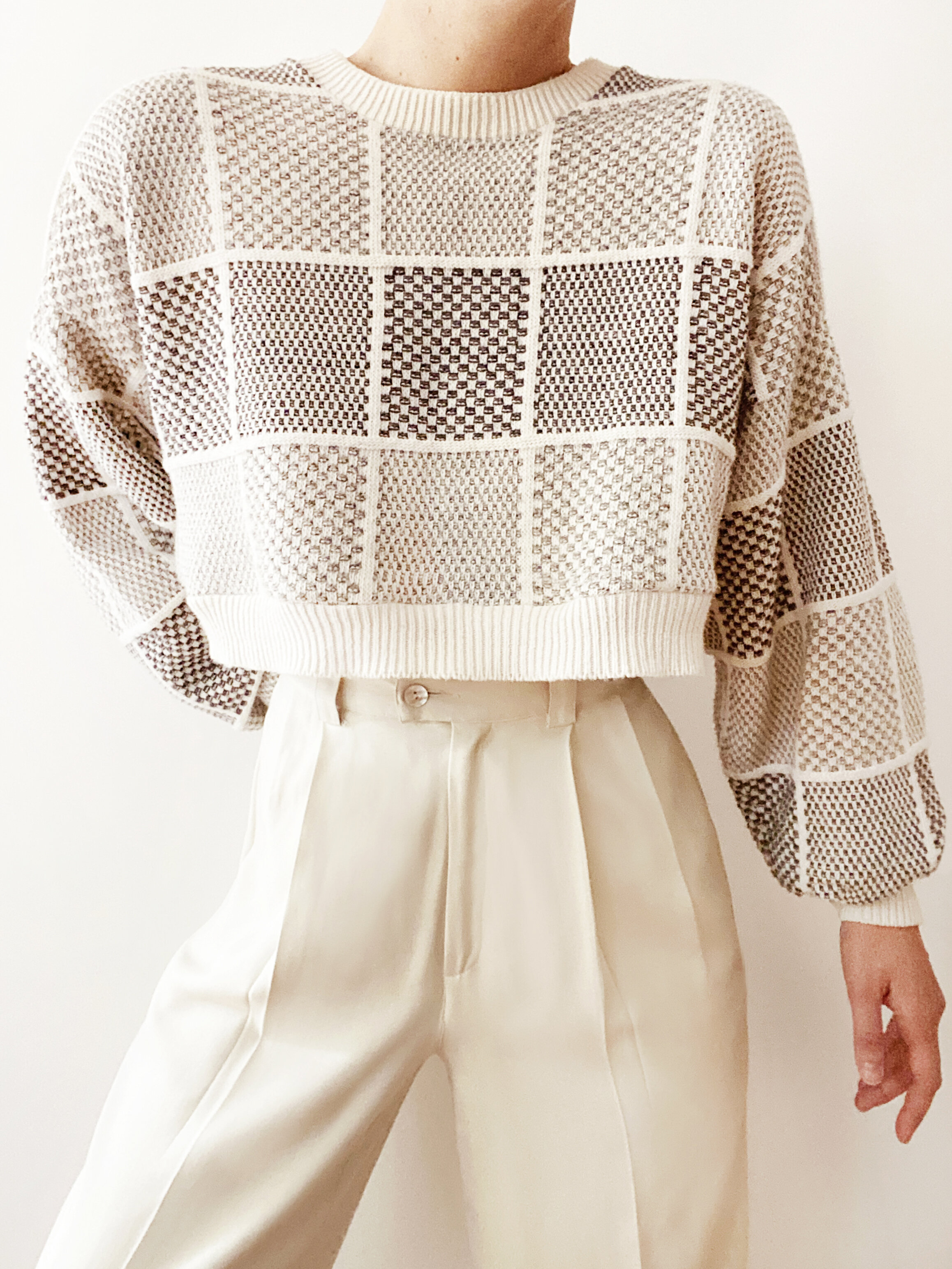 Stunning Ivory Patchwork Checker-Knit Cropped Sweater