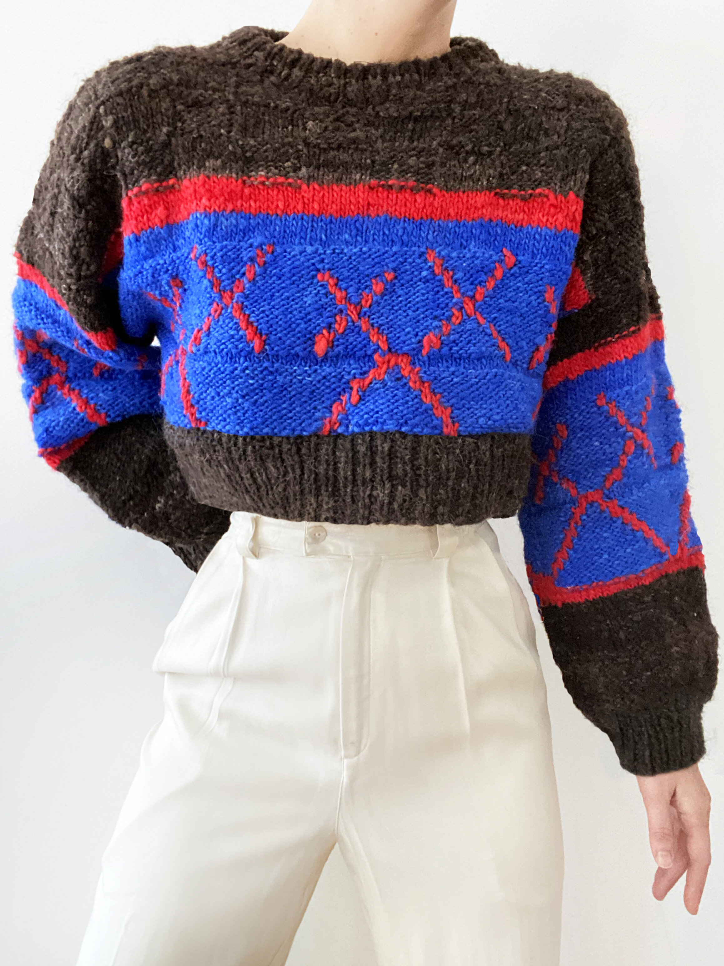 Incredible Abstract Chunky Pure Wool Hand Knit Cropped Sweater