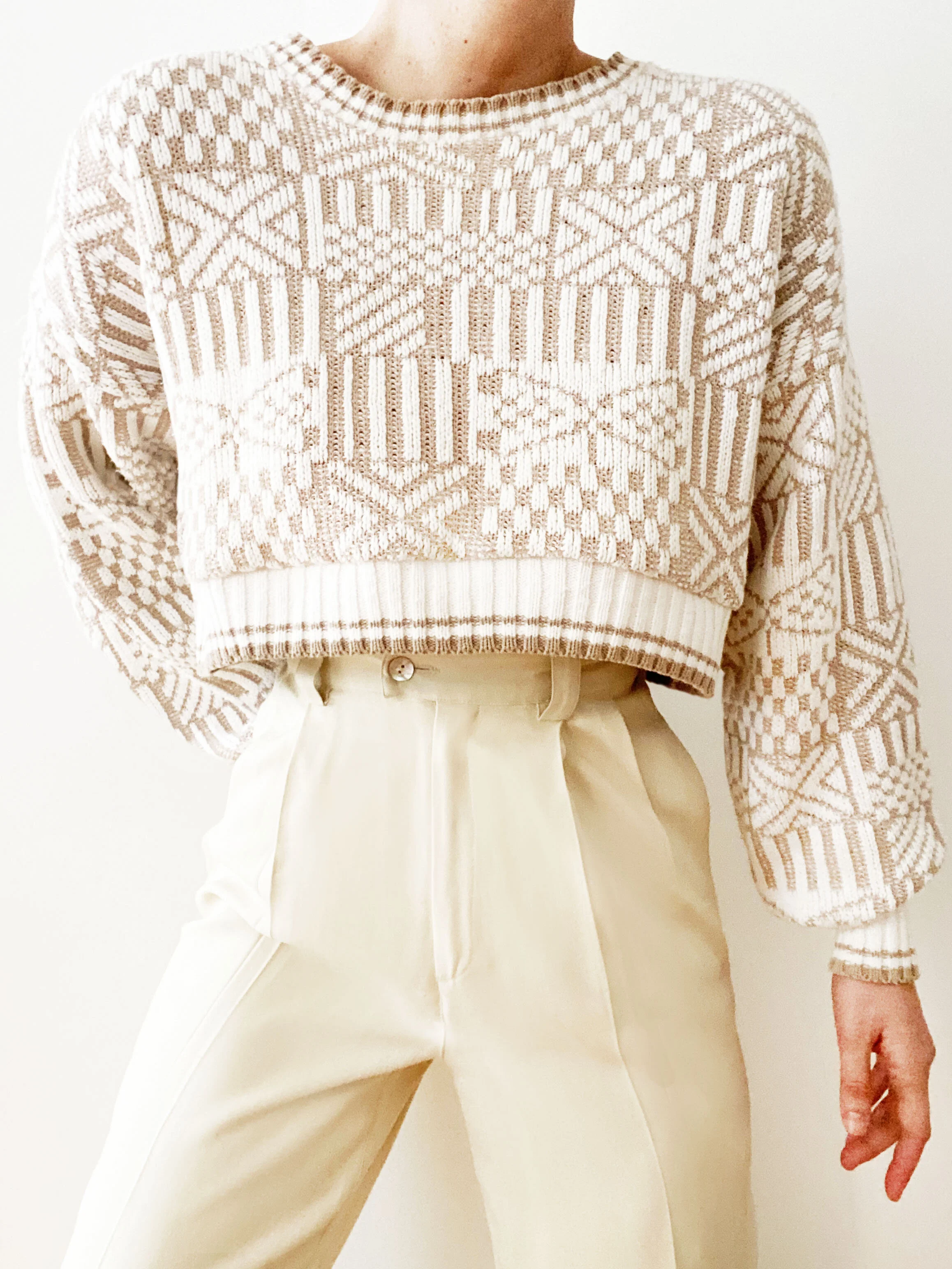 Stunning Neutral Quilted Patchwork Textural Knit Cropped Sweater