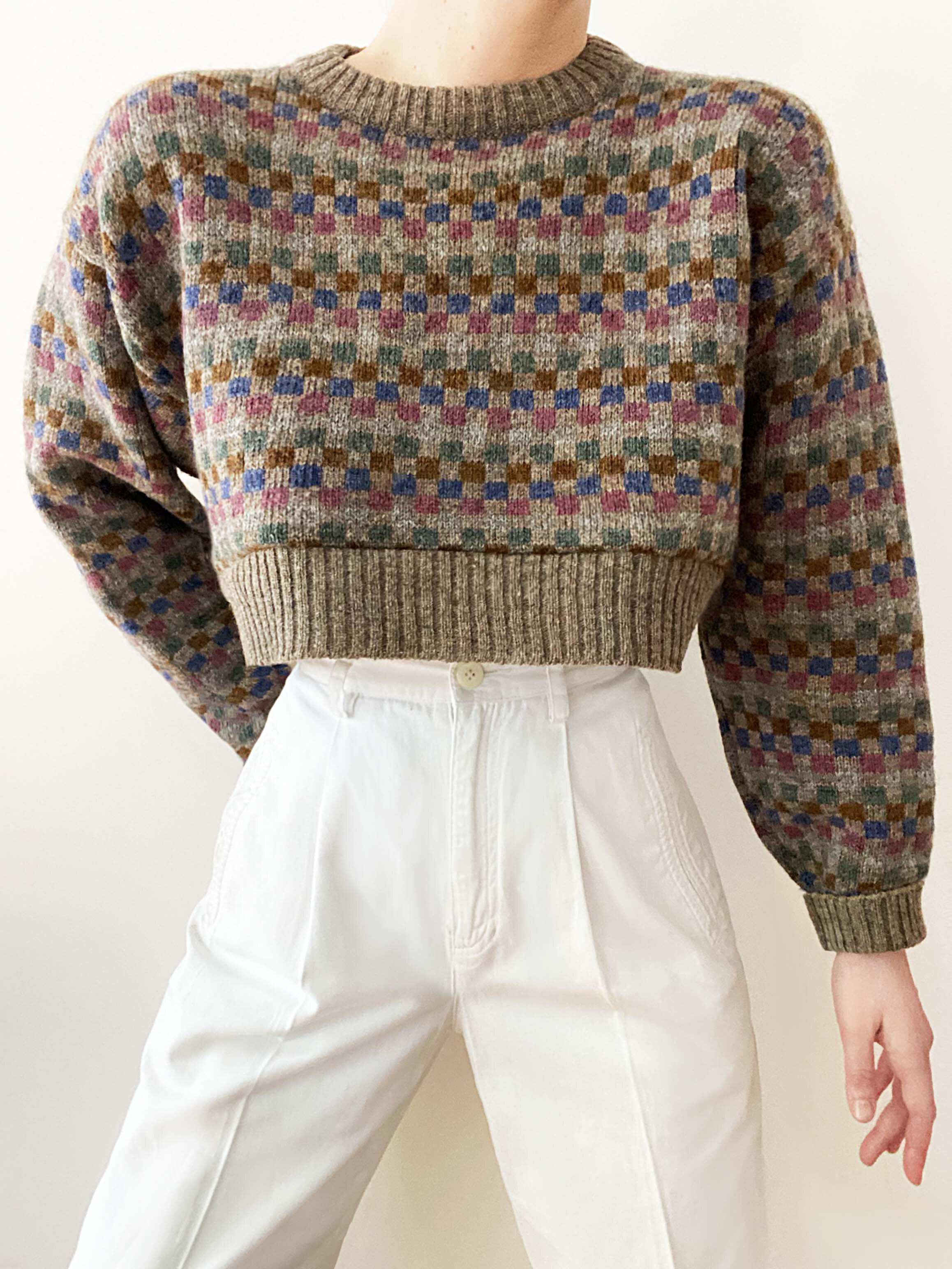 Beautiful Jewel-Tone Checkerboard Pure Wool Cropped Sweater
