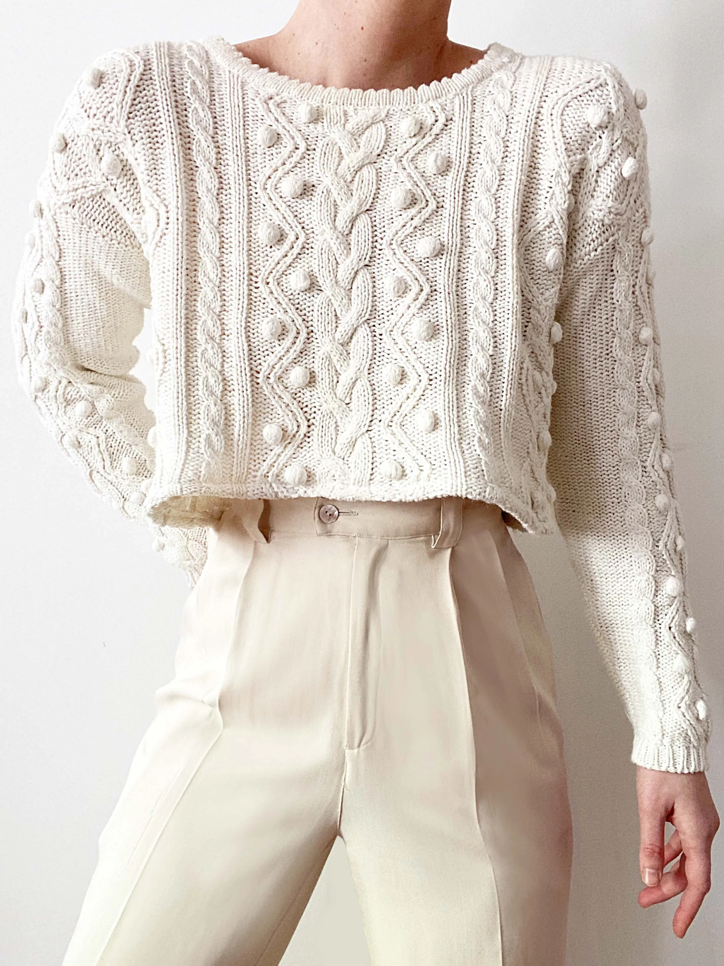 Stunning Popcorn Puff Light Knit Ivory Cropped Pullover 