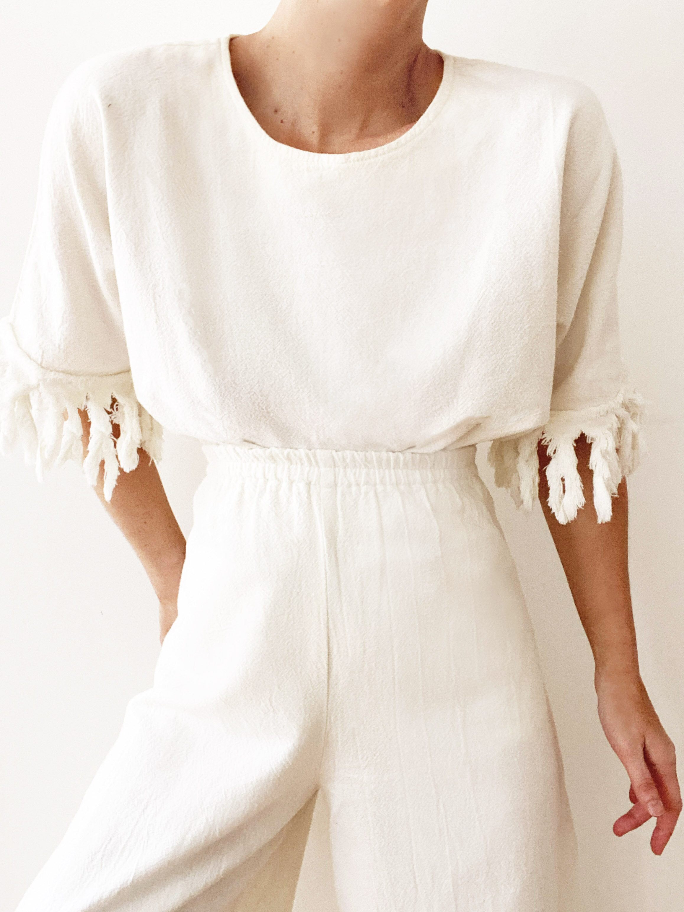 Stunning Fringe Two-Piece Ivory Cream Textured Set