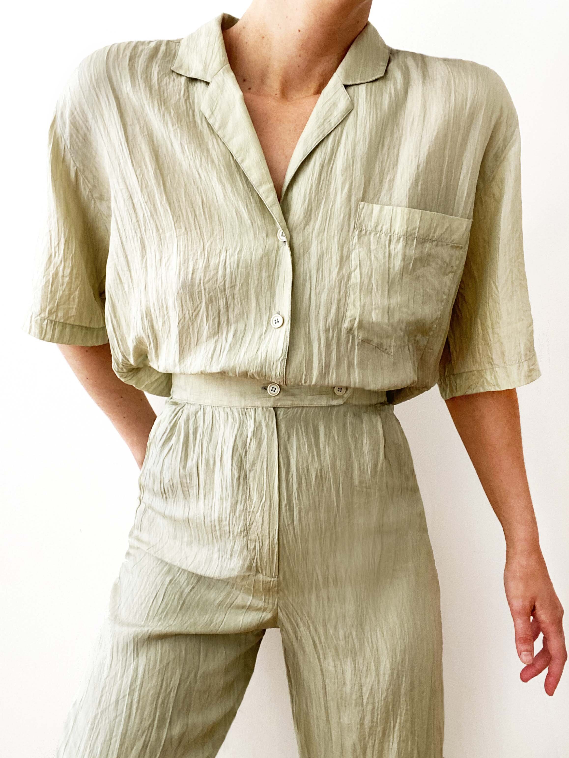 Gorgeous Vintage Pistachio Crinkle Silk One-Piece Jumpsuit