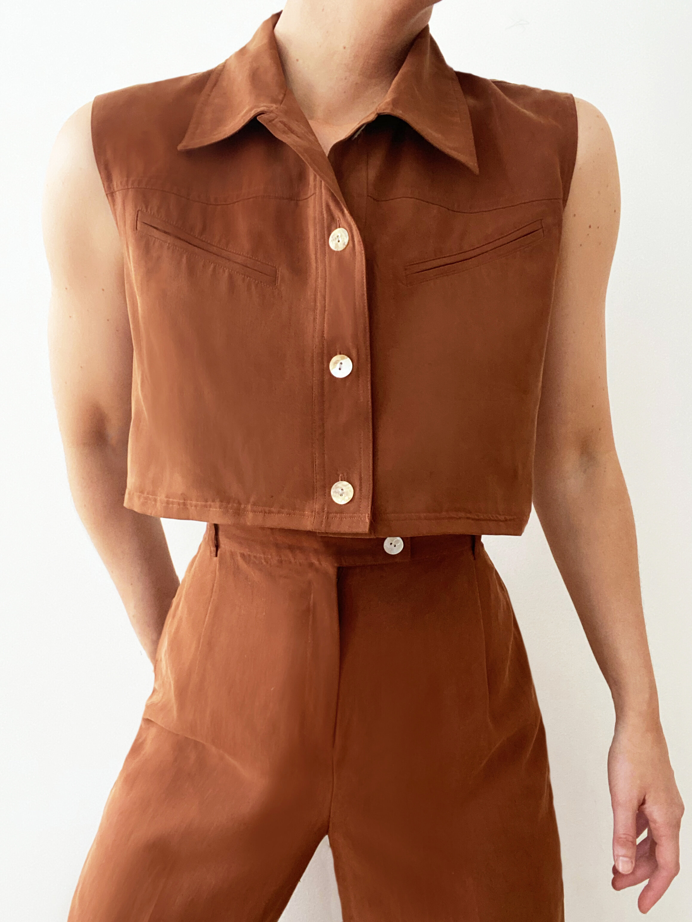 Stunning Tawny Brown Cropped Two Piece Matching Silk Vest Set
