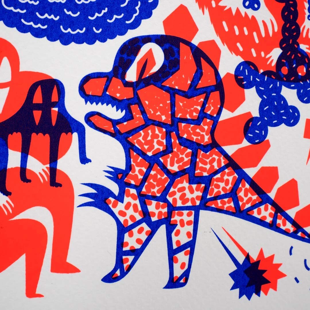 Details from my limited edition silkscreen print, La Monstrueuse. Scroll to see the whole thing. 50 x 60 cm, only two left! Fluorescent orange and royal blue. 120 euros.