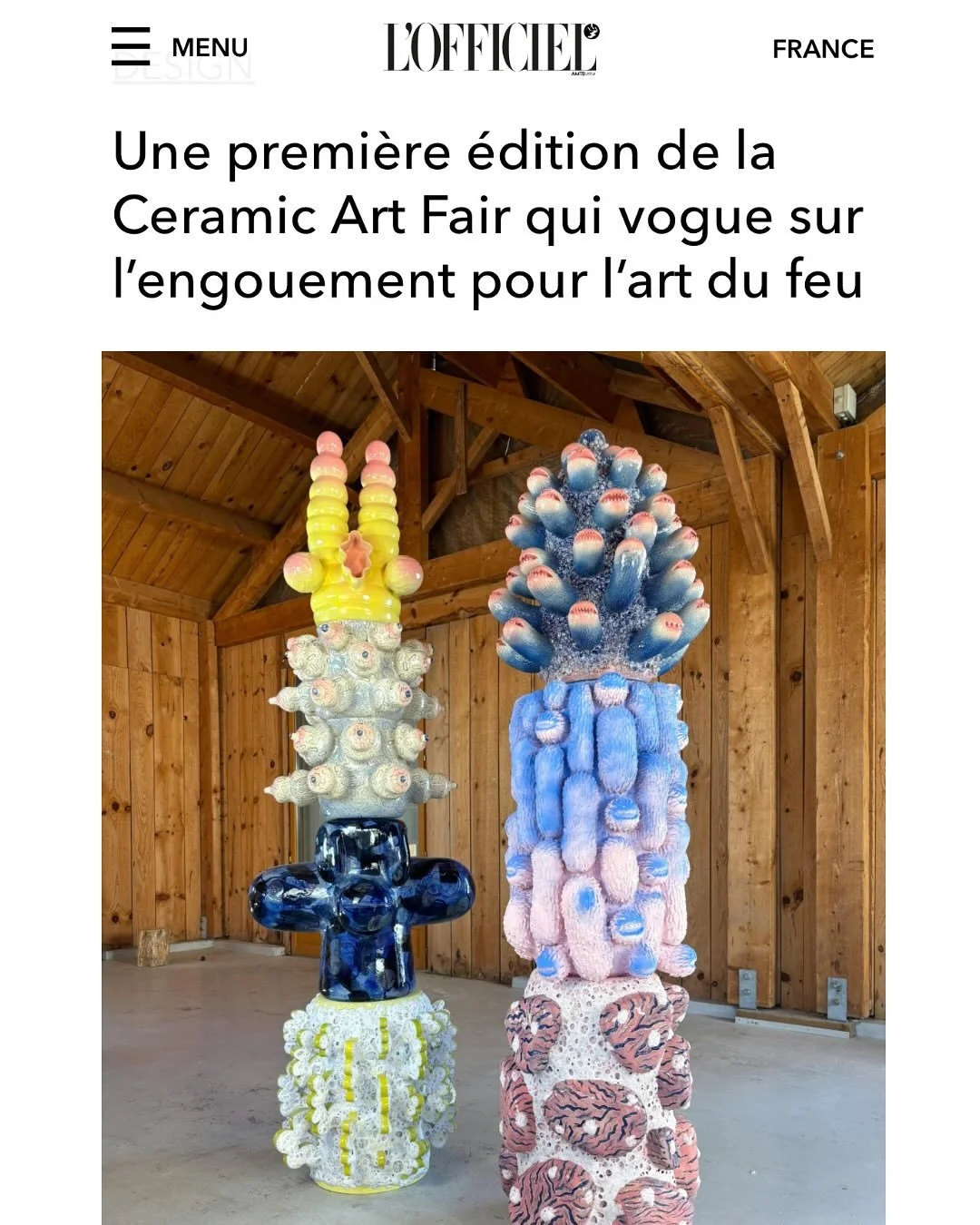 Merci 🙏✨✨✨@lofficielparis et Eliott Offenstadt d&rsquo;avoir parl&eacute; de mes grandes cr&eacute;atures au Ceramic Art Fair Paris (22-25 octobre &agrave; la Maison de l&rsquo;Am&eacute;rique latine).
Et mille mercis &agrave; @lefebvreetfils et @ce