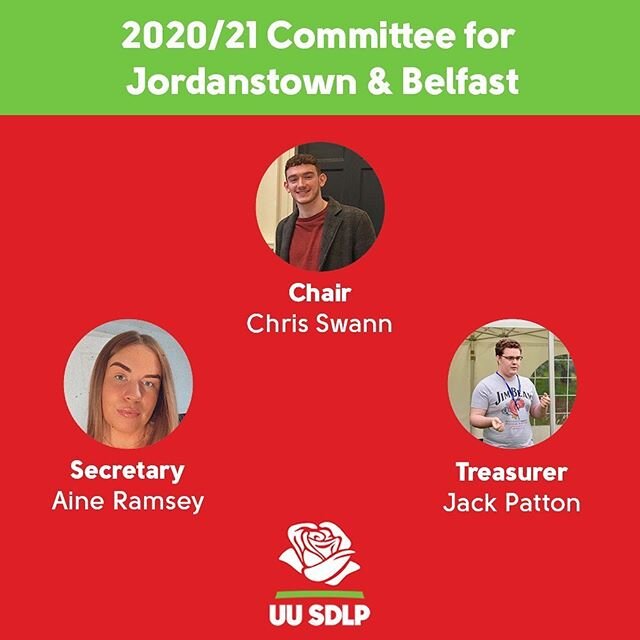 Congratulations to the new UU SDLP 2020/21 Committee for the Jordanstown &amp; Belfast campuses after their election at last nights AGM!

Chair - Chris Swann
Secretary - Aine Ramsey
Treasurer - Jack Patton
#SDLP
