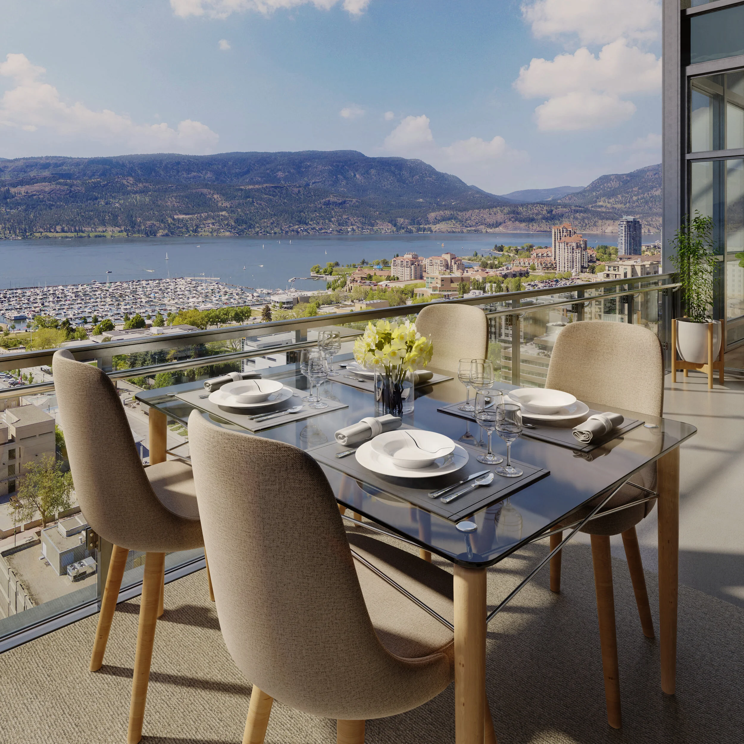 High-rise condo render overlooking downtown Kelowna